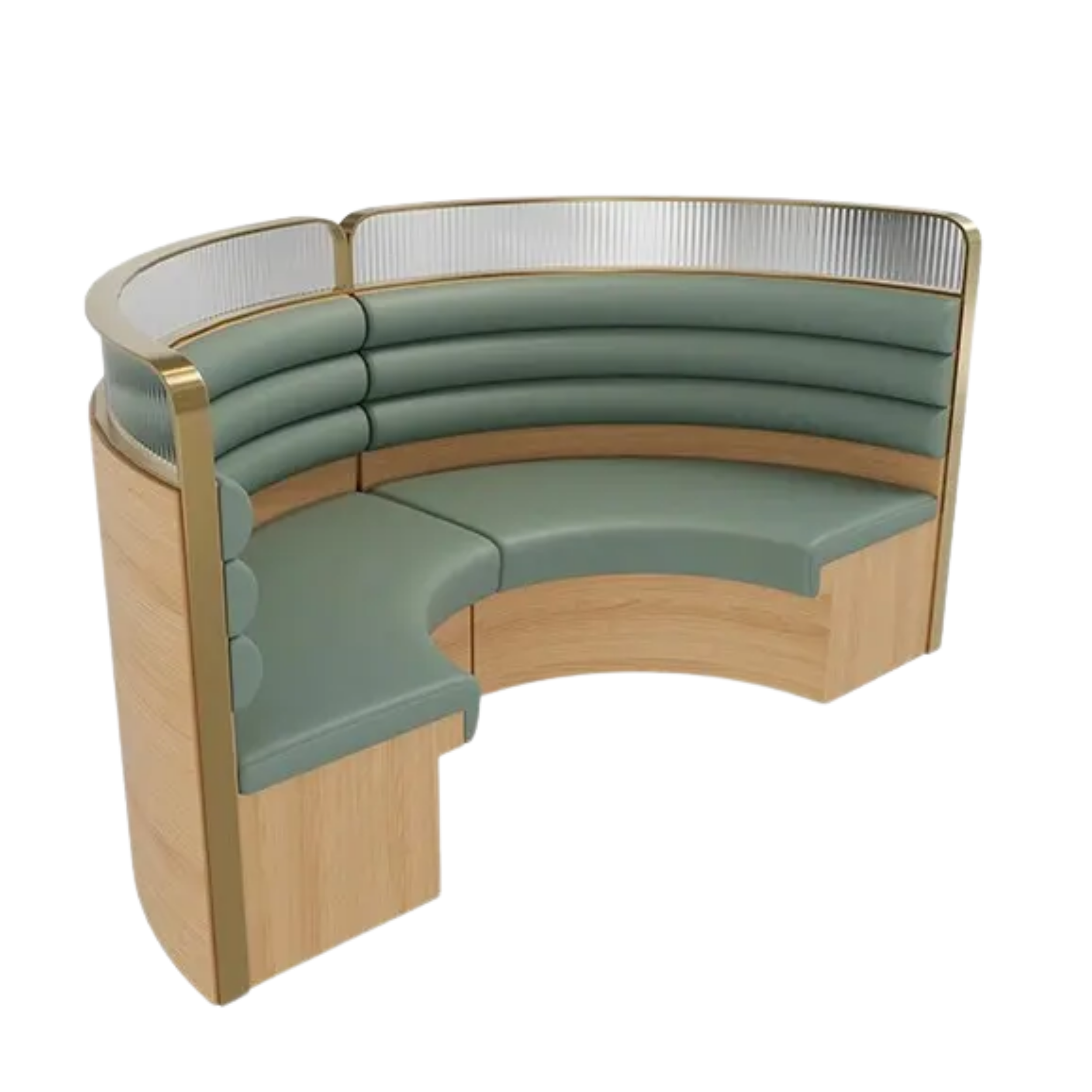 A curved green velvet sofa with a wooden base and a white decorative backrest against a plain white background.