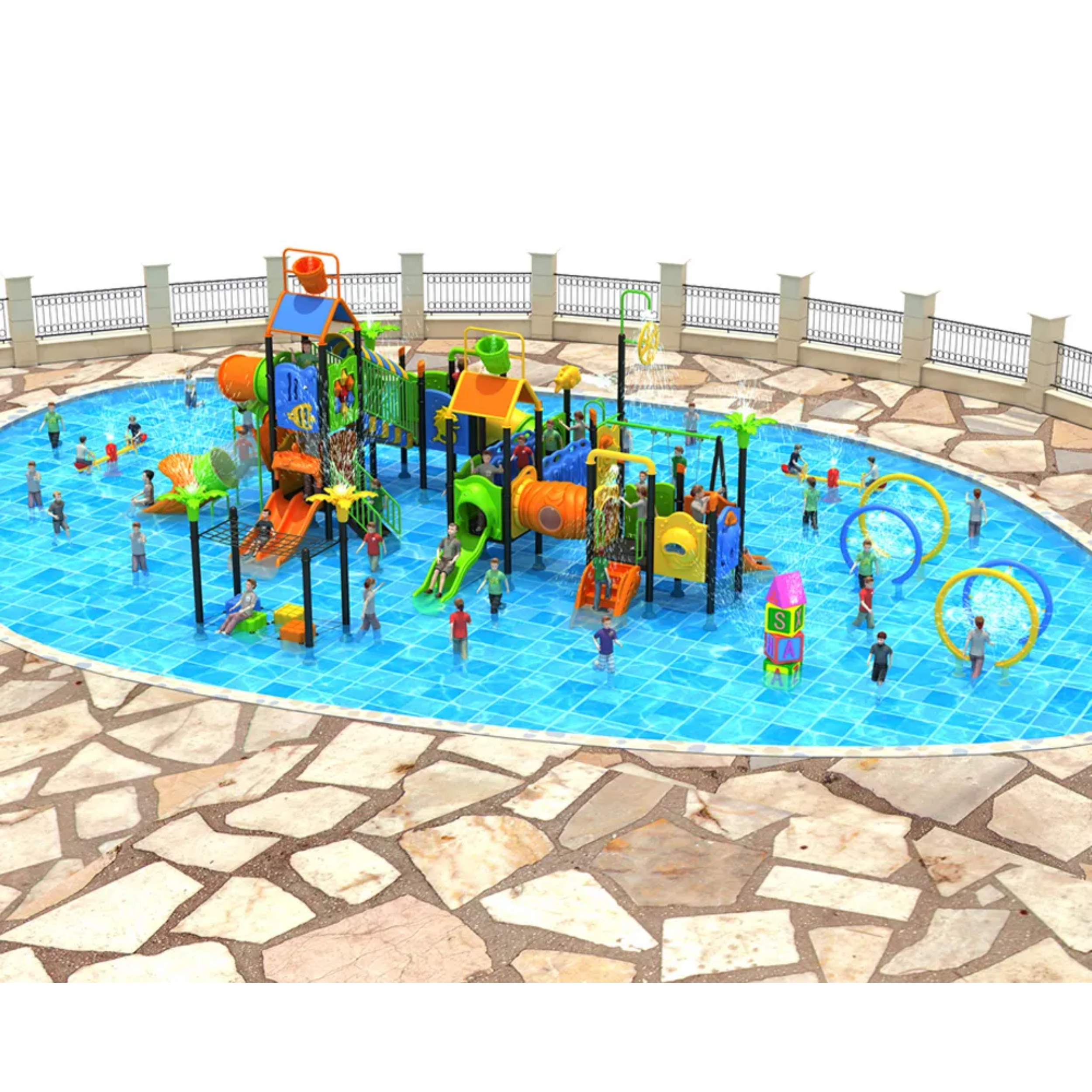 Part of a colorful water park with various slides and a swimming pool filled with children playing and swimming, surrounded by a decorative stone walkway and a white fence.