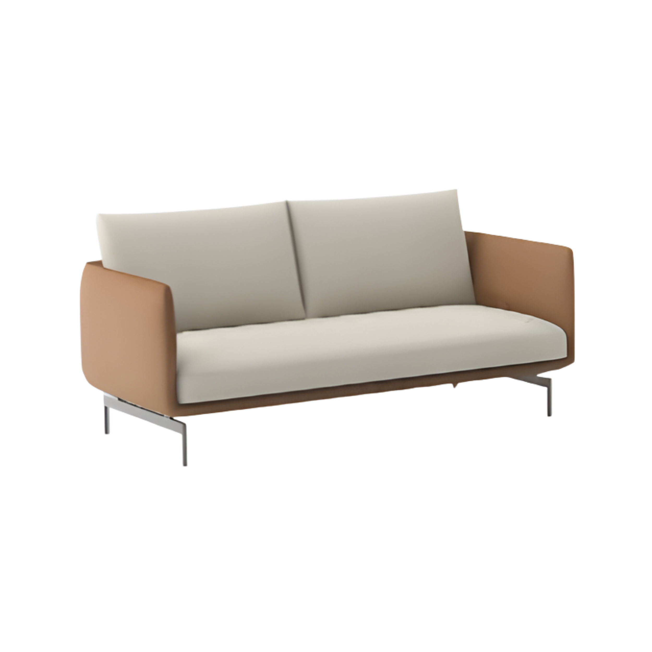 Modern living room with a beige sofa, brown armchair, glass coffee table, and decorative elements.