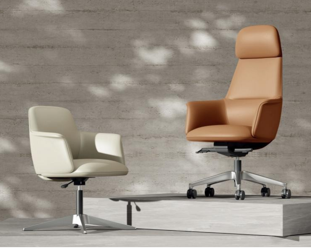Two modern office chairs, one cream and one tan, placed on a concrete platform against a wooden wall background.