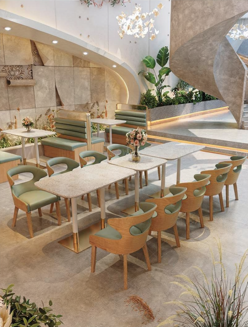 A modern indoor seating area with multiple tables and chairs, decorative wall art, plants, and a staircase with curved architecture.