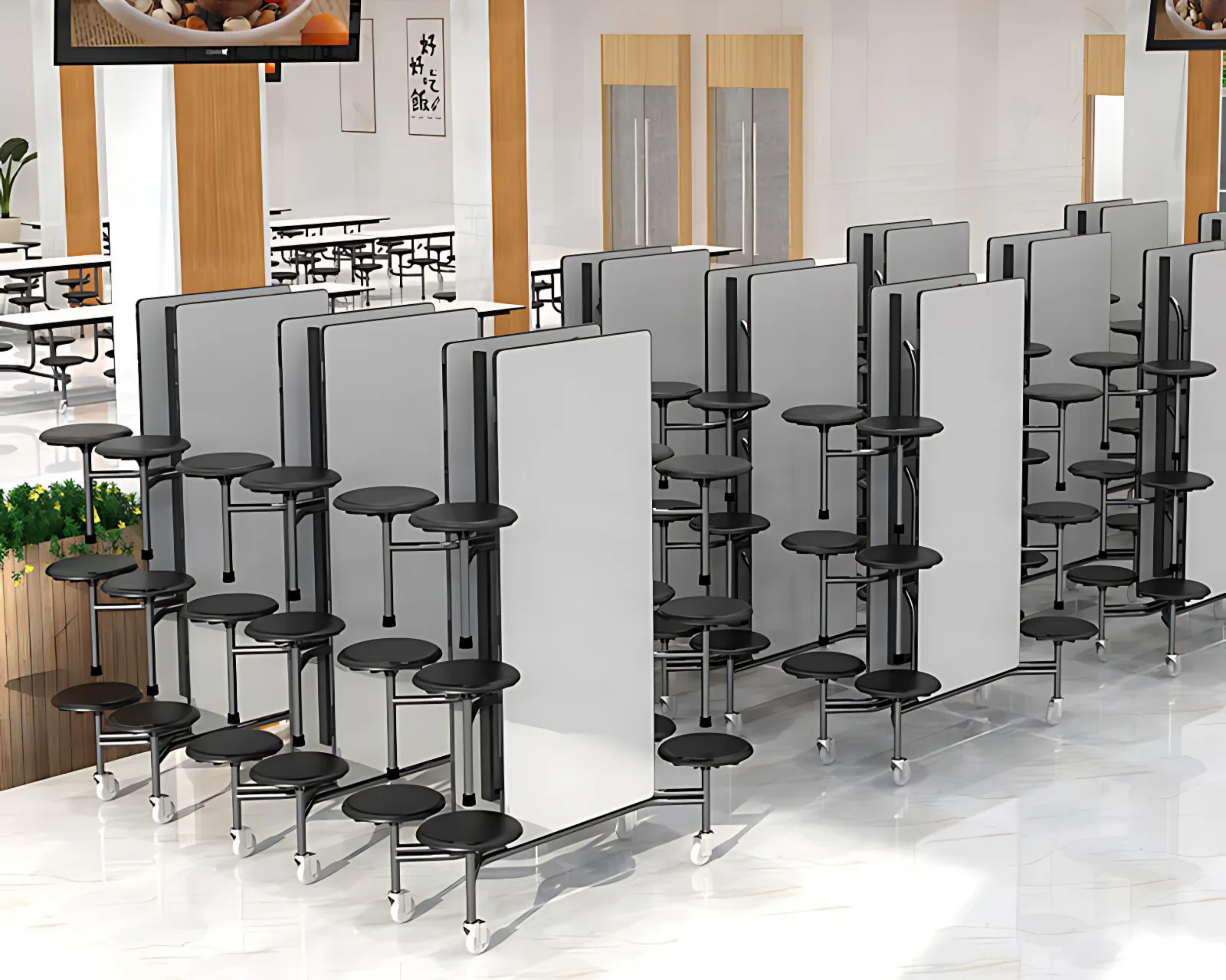 Rows of black stools with white partition screens on a rolling cart in a modern, bright interior space, possibly a restaurant or cafeteria, with wooden accents, artwork on the wall, and digital screens hanging from the ceiling.