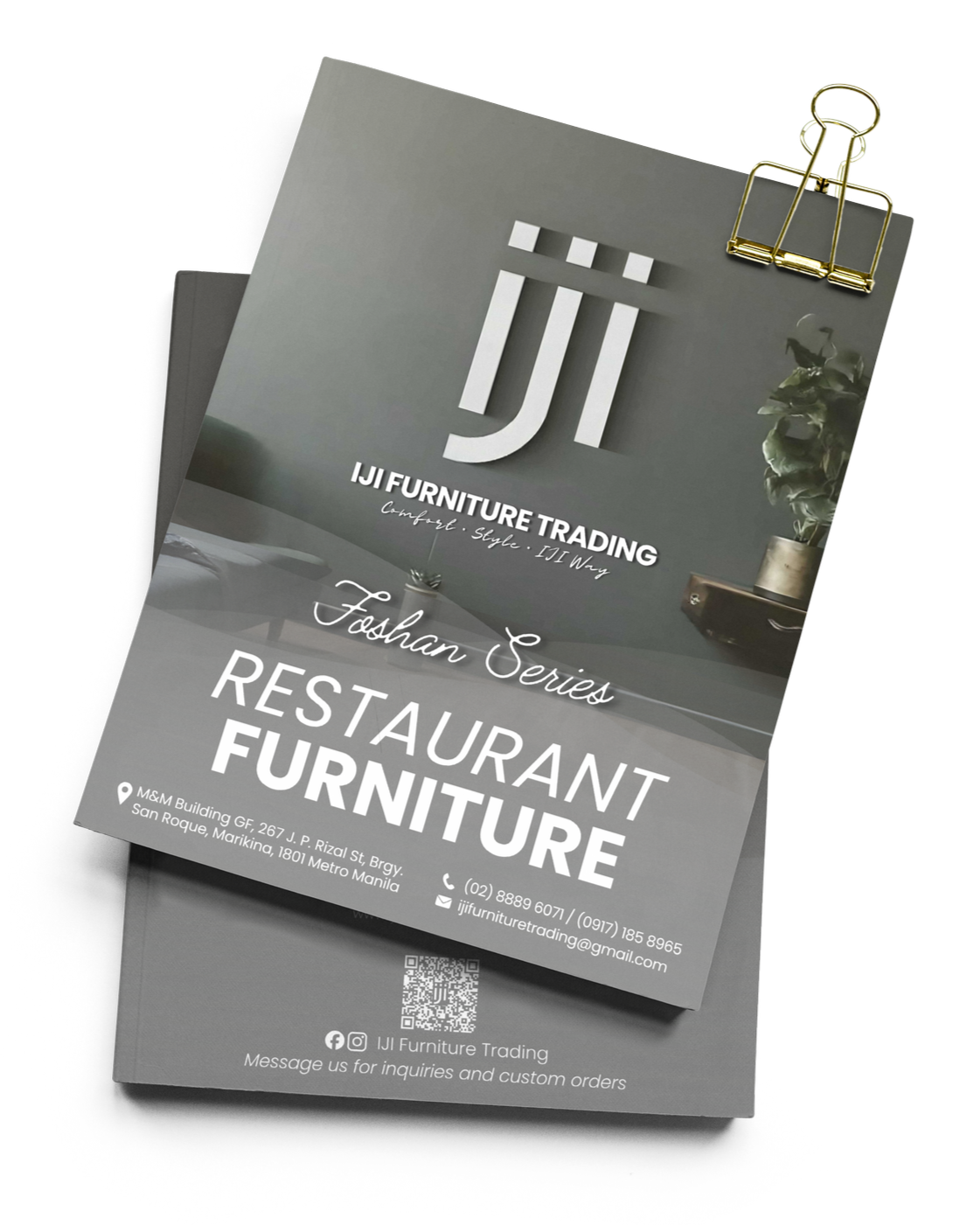 A business card for IJI Furniture Trading, featuring their logo, contact information, and a photo of a modern plant display and a piece of furniture on a gray background.