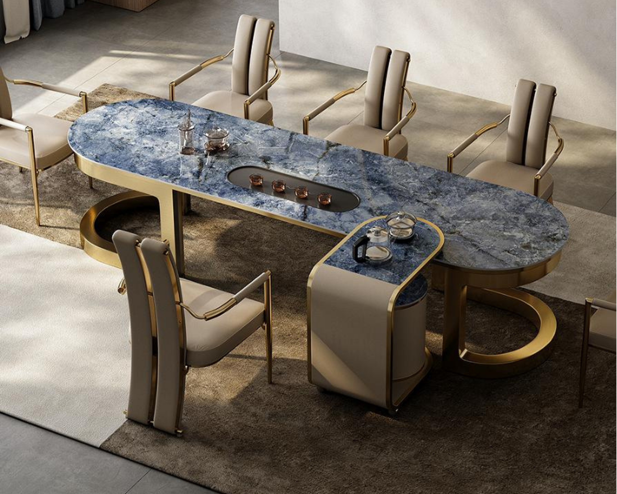 A modern dining room with a blue marble dining table and six beige chairs with gold accents. The table has decorative items including a glass decanter and small bowls. The floor is a mix of carpet and tile, with sunlight casting shadows across the room.