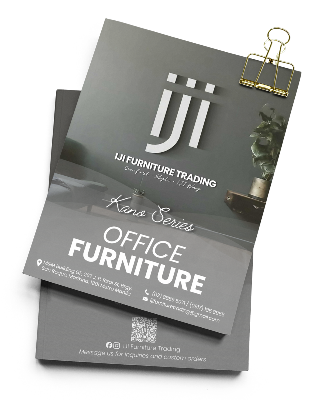 Business card for IJI Furniture Trading featuring office furniture products, contact information, and social media icons.
