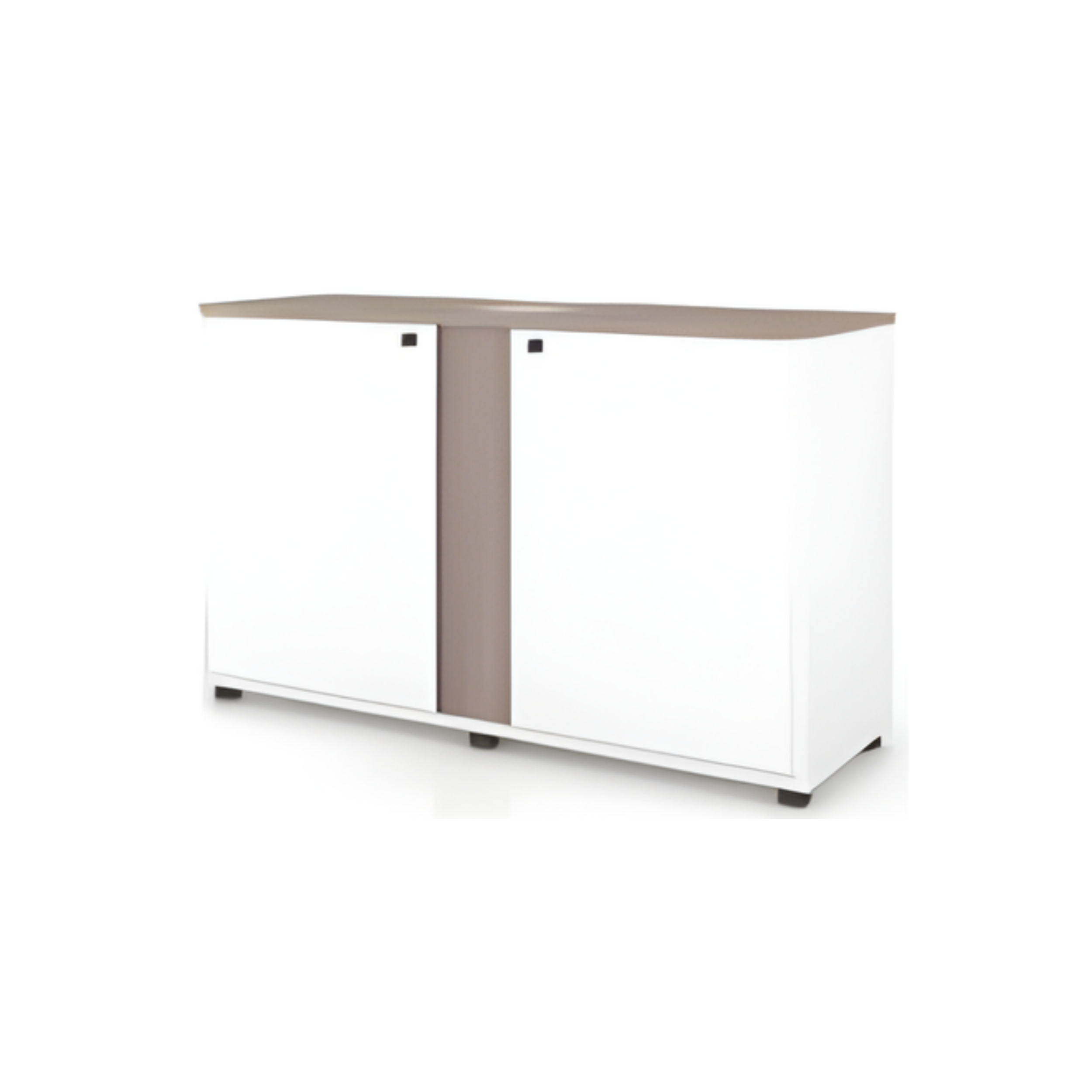 A modern dining table with a light-colored wooden top and a central support, set against a white background.