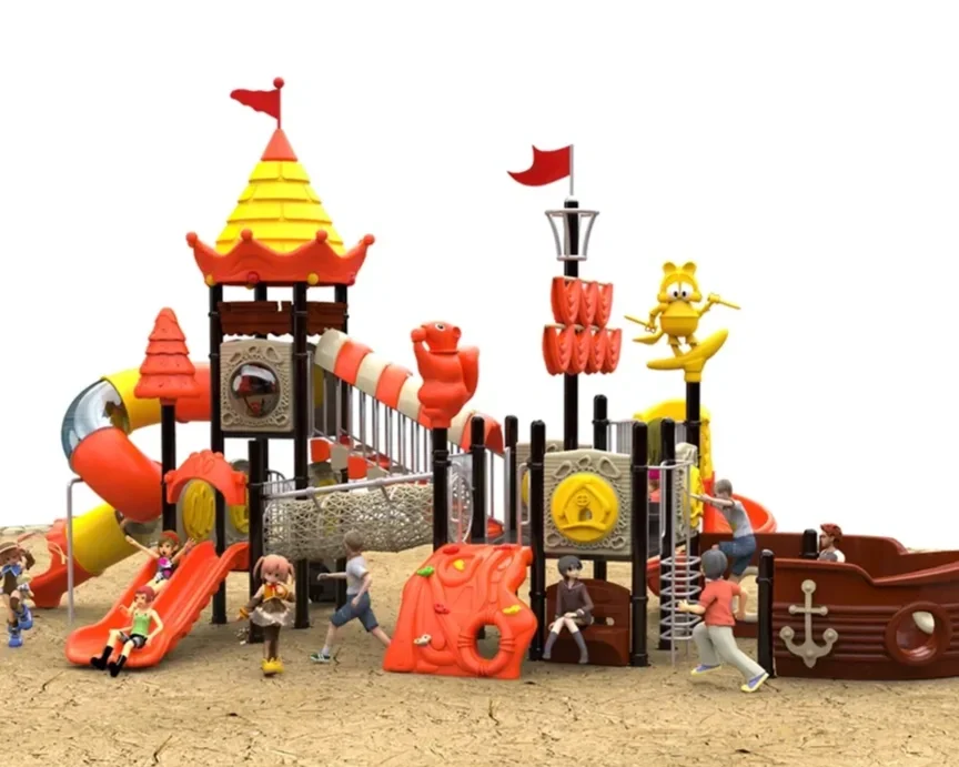 Colorful playground set with slides, climbing structures, and a pirate ship theme, featuring children playing.