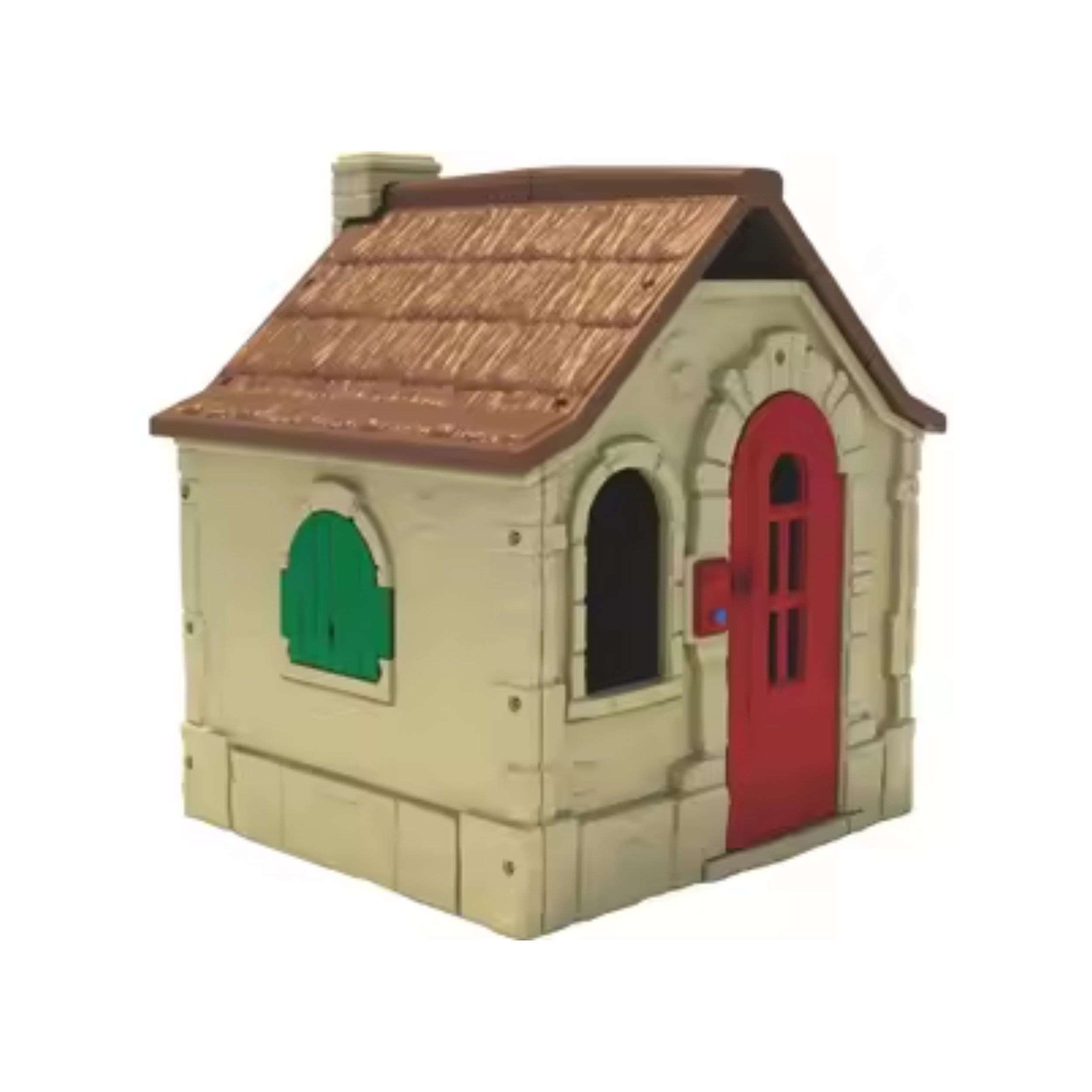 Colorful wooden toy house with a brown roof, green door, and red window, designed for children.