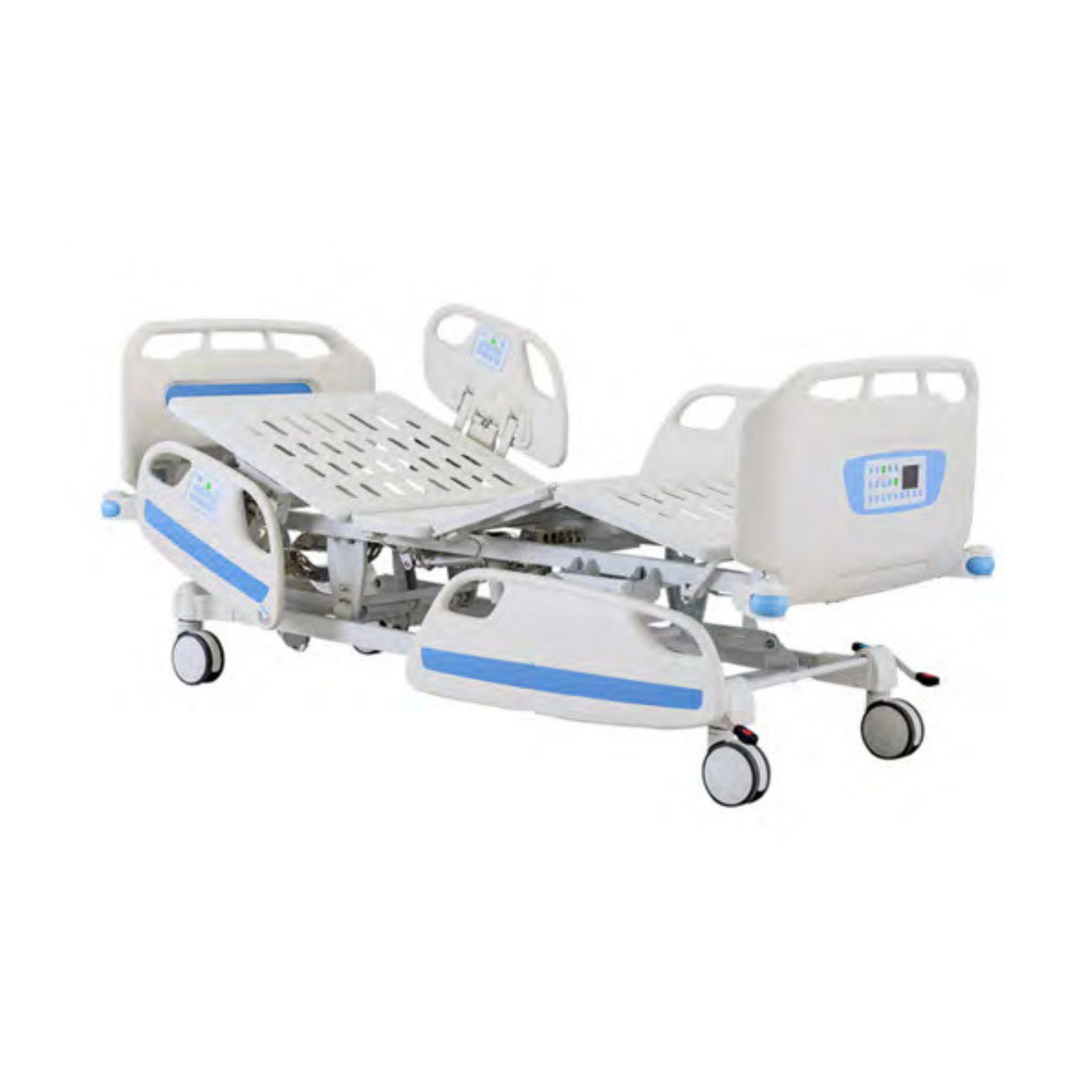 A hospital bed with side rails, electronic controls, and wheels, designed for medical patient care.
