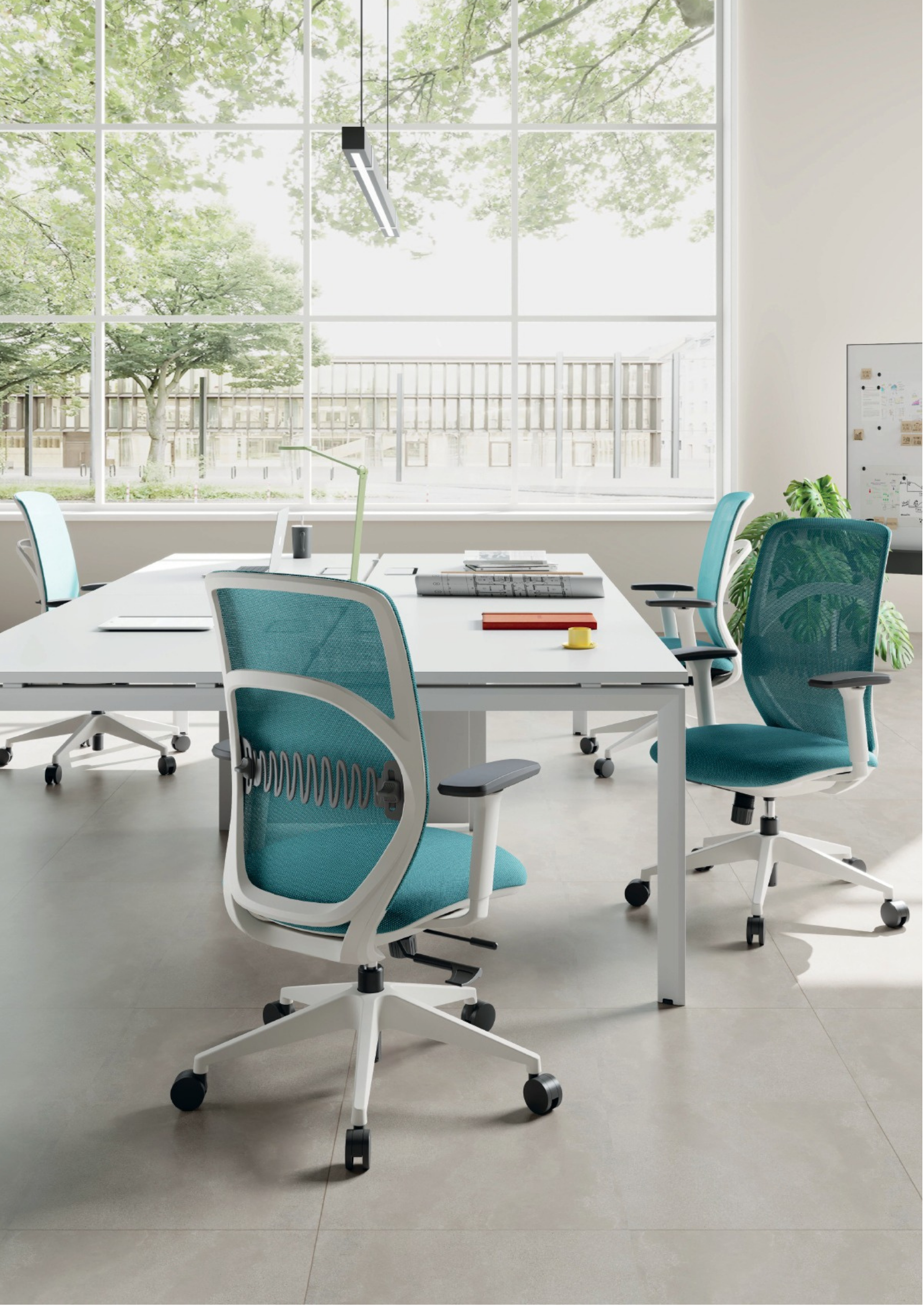 Modern office meeting room with white table, blue and white office chairs, large window with trees outside, and a whiteboard on the wall.