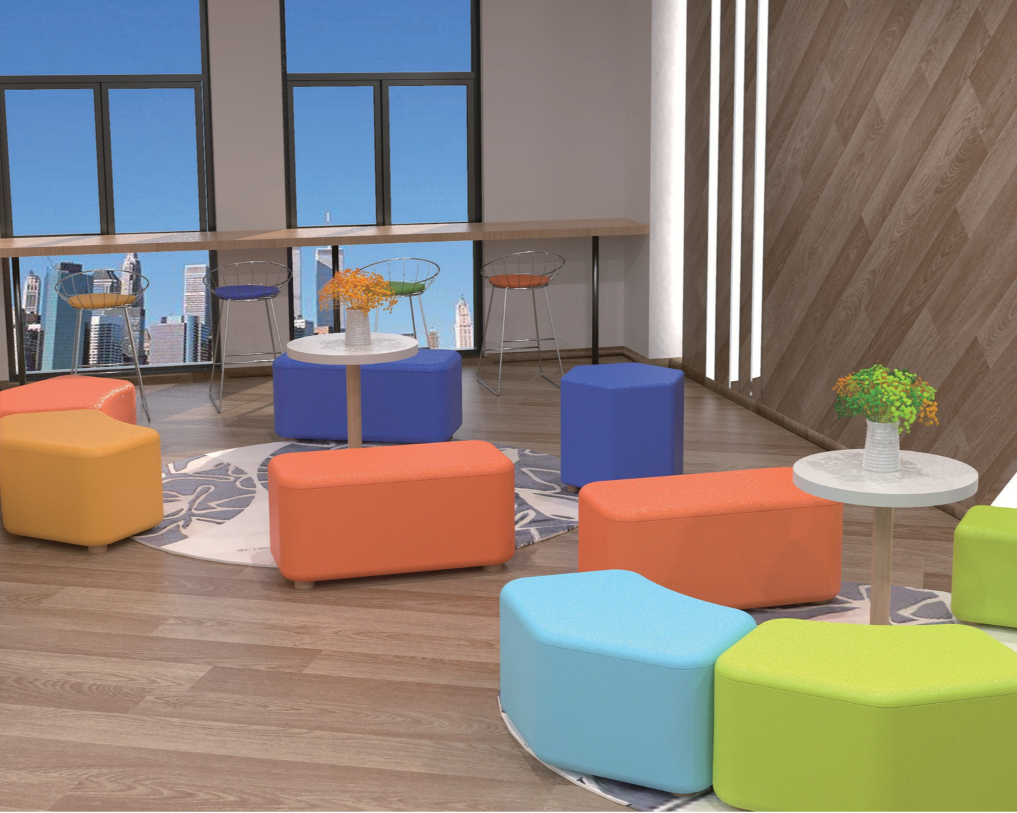 Colorful modern seating area with colorful ottomans, small round tables with vases of flowers, large floor-to-ceiling windows showing a city skyline, and a wooden floor with a round rug.