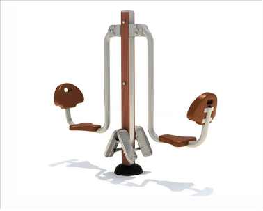 Outdoor exercise equipment with two seats and hand pedals for arm and leg workouts, made of metal and wood sections.