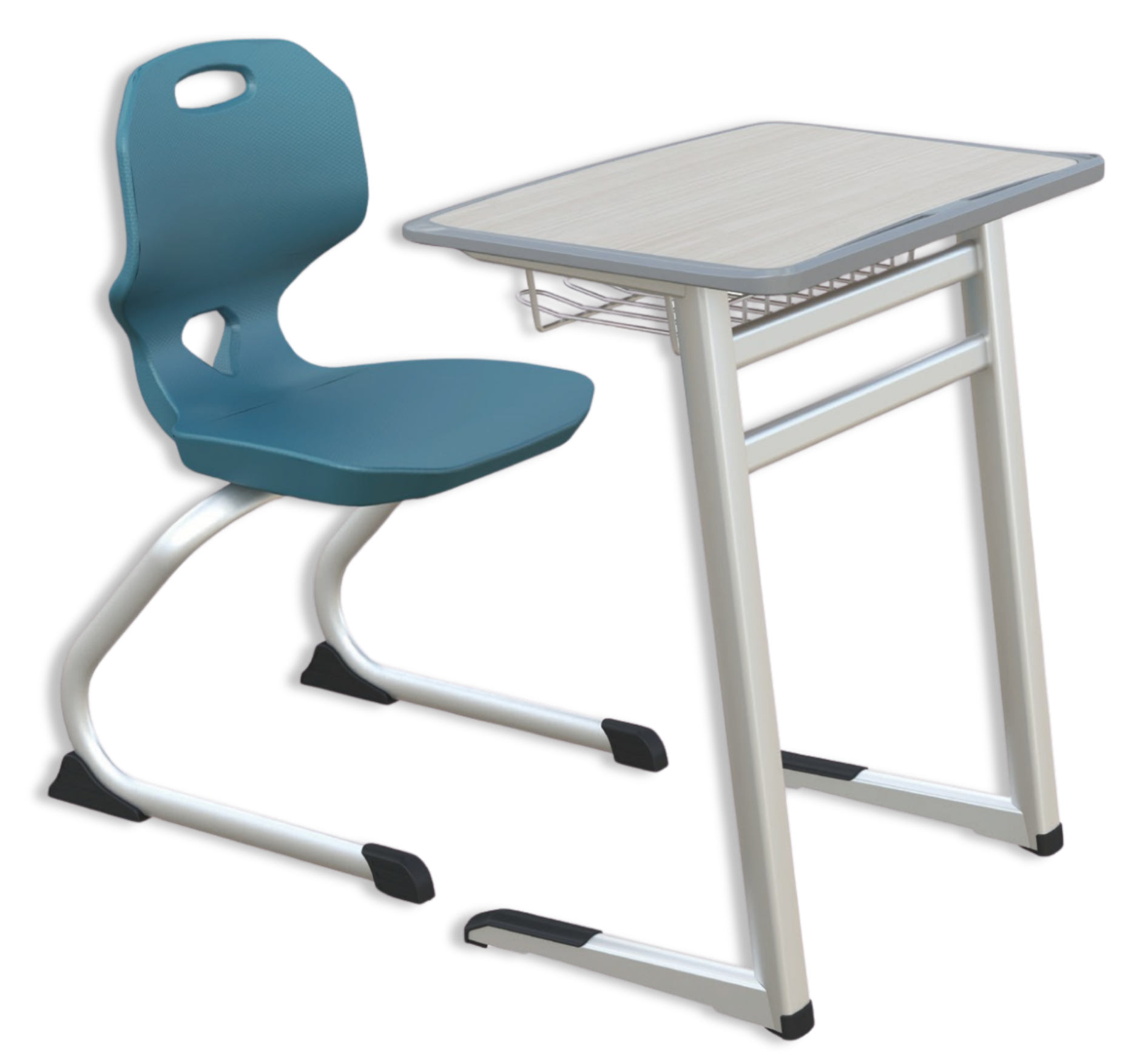An ergonomic blue plastic sled with a high backrest and white metal runners, alongside a small white wooden table with a wire basket underneath, set against a black background.
