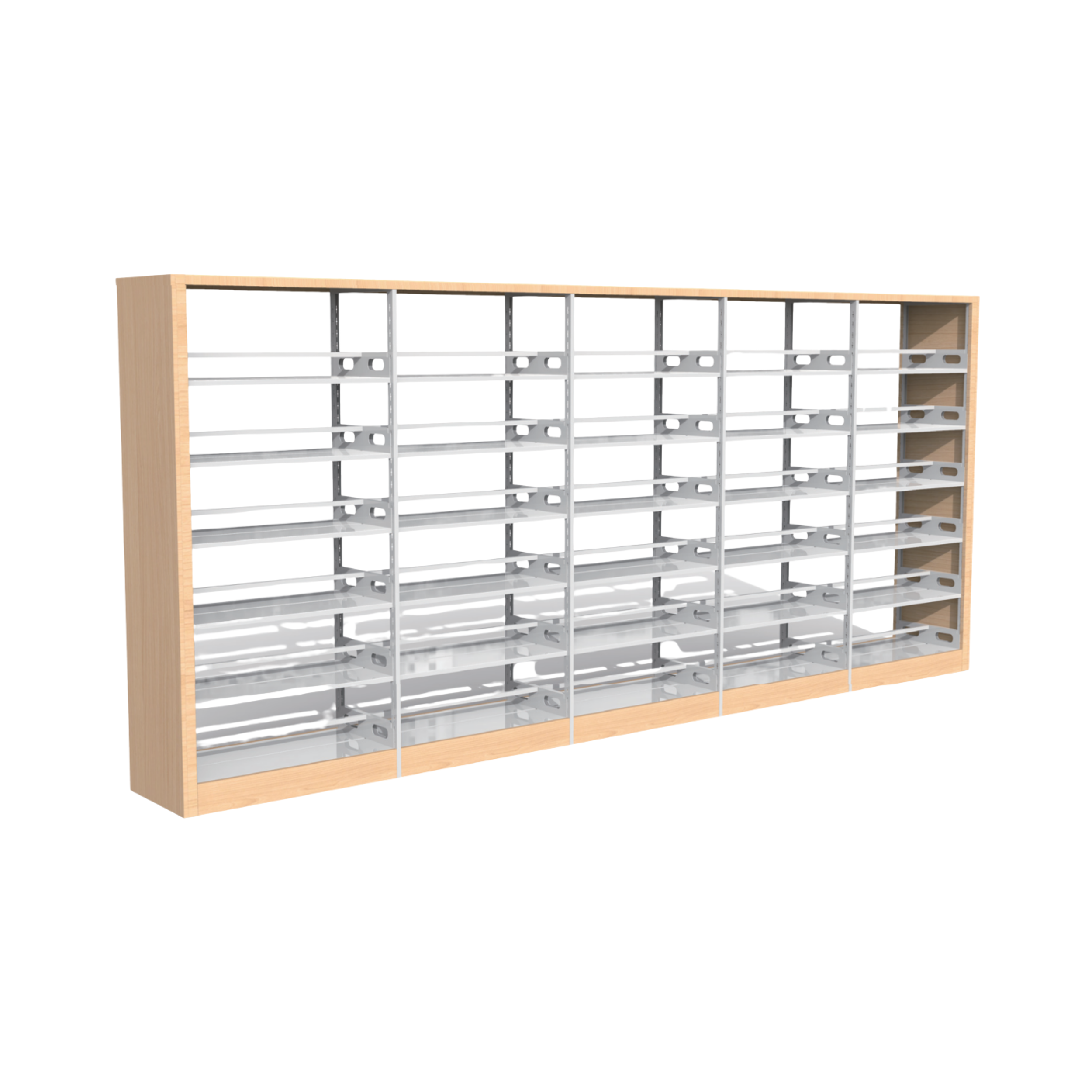 A wooden bookshelf frame with white metal supports and multiple empty compartments.