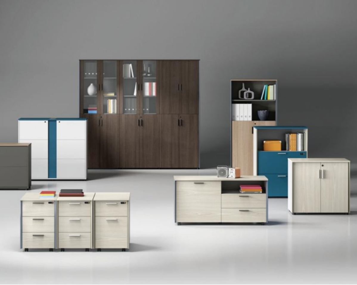 Collection of modern office storage cabinets and shelves on a gray background.