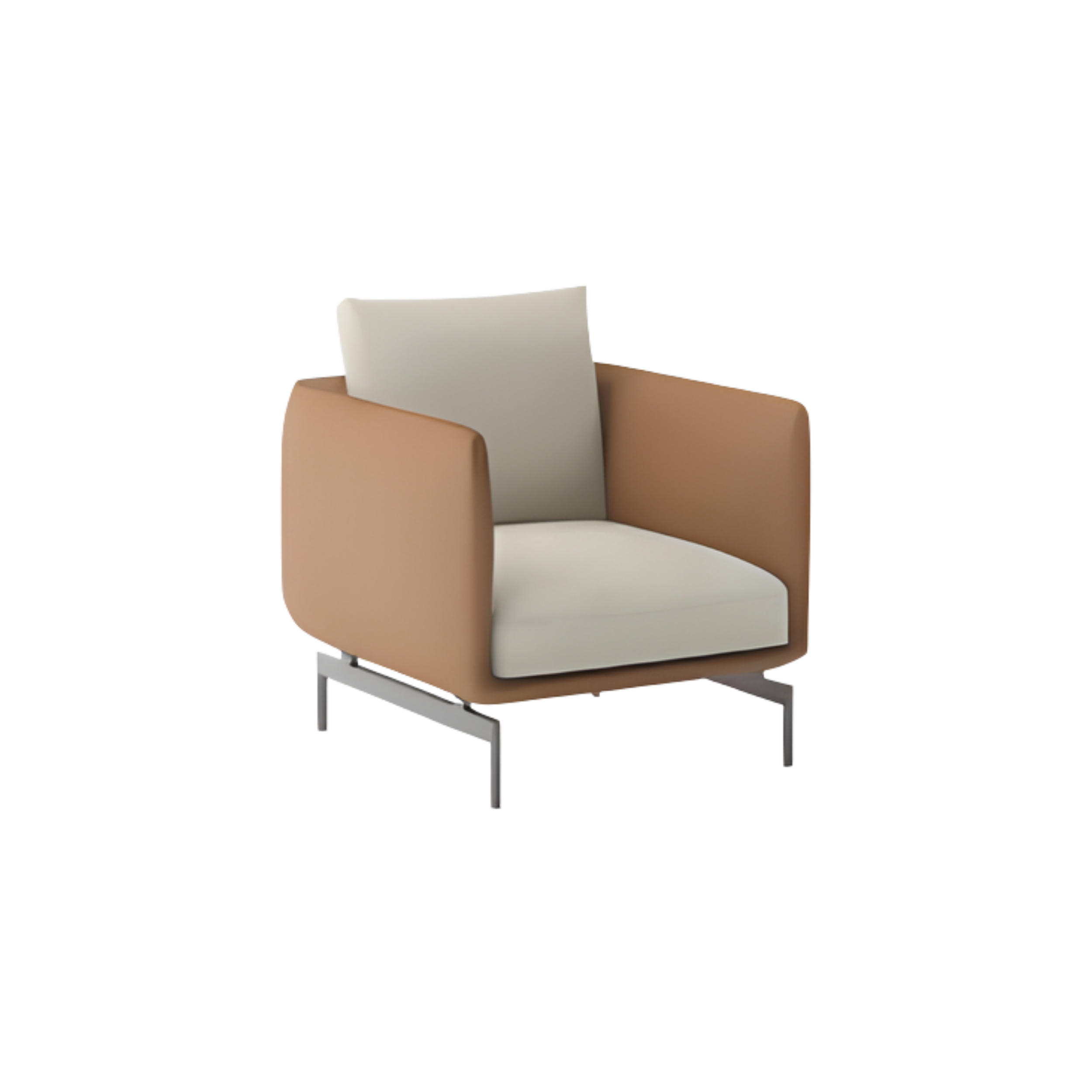 A corner of a room with a white chair and a table with a tan and white box on top.