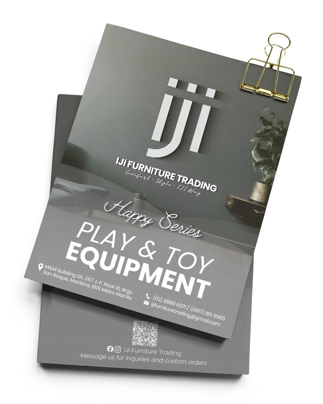 Flyer for IIJI Furniture Trading featuring their logo, contact info, and a background image of a potted plant and wooden furniture.