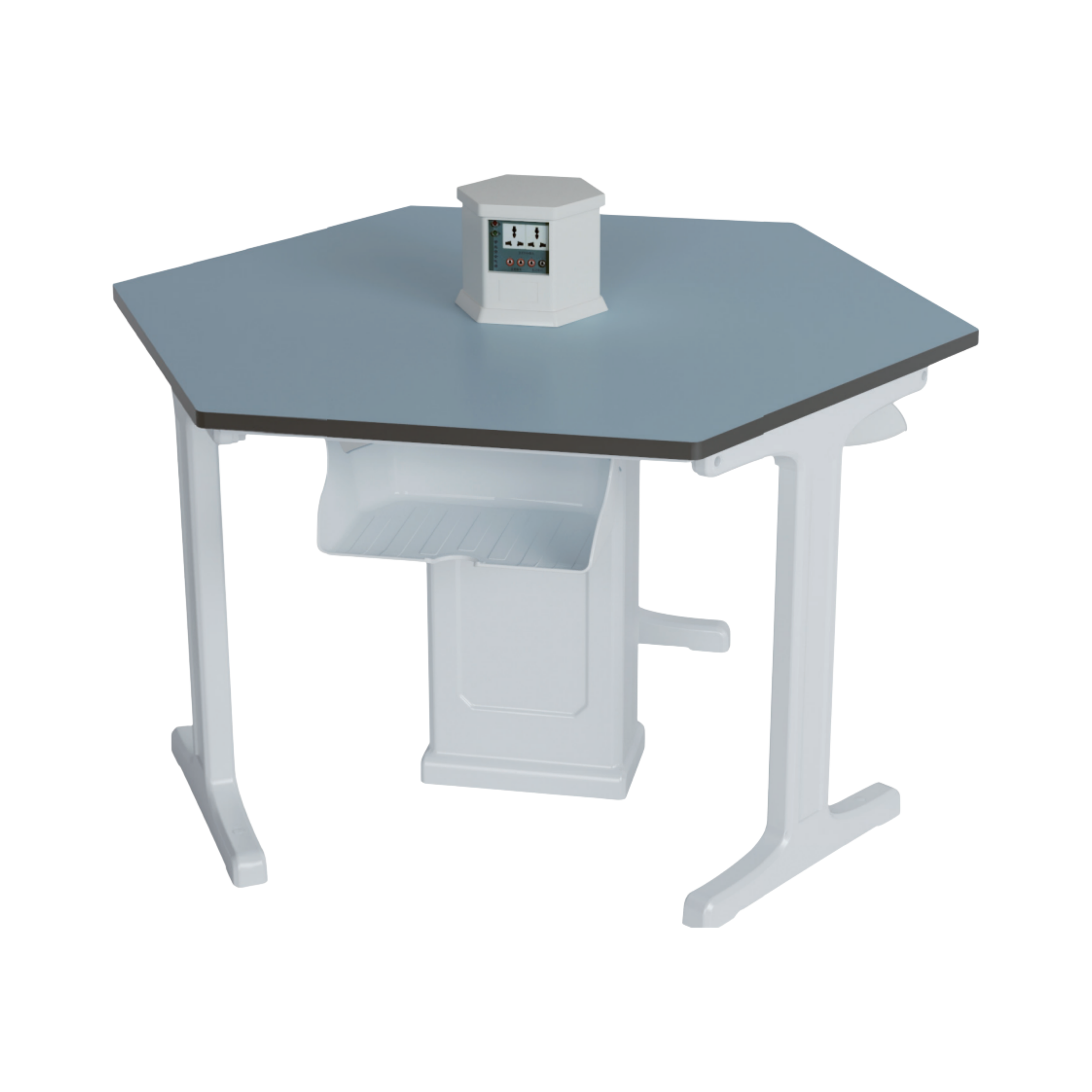 A grey examination table with a small white medical device on top, featuring electrical outlets and buttons, in a clinical setting.