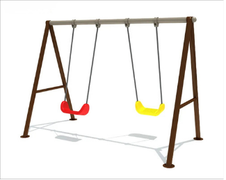A wooden outdoor playground swing set with two swings, one red and one yellow, on a white background.
