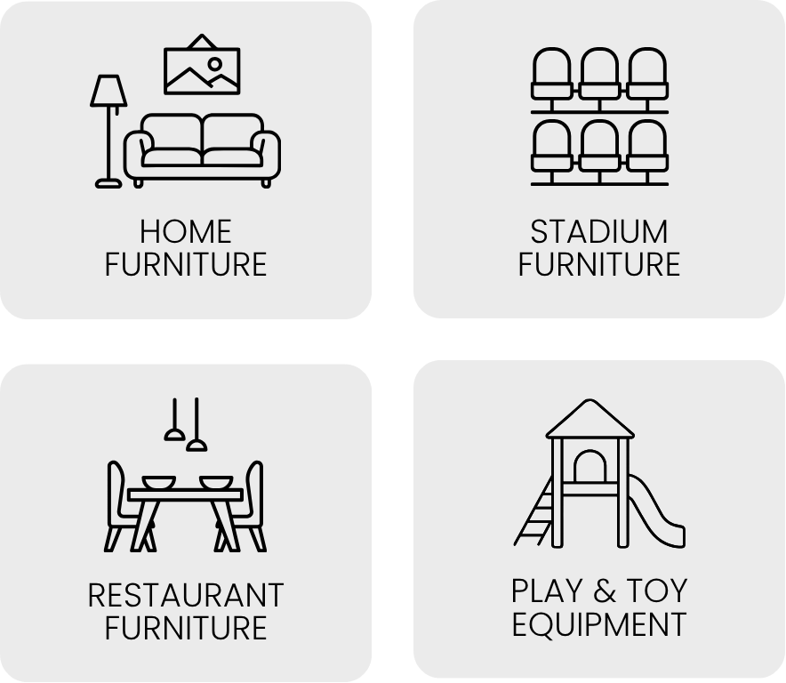 Icons depicting different types of furniture: a sofa with a lamp and picture, chairs, a dining table with chairs, and a playground slide.