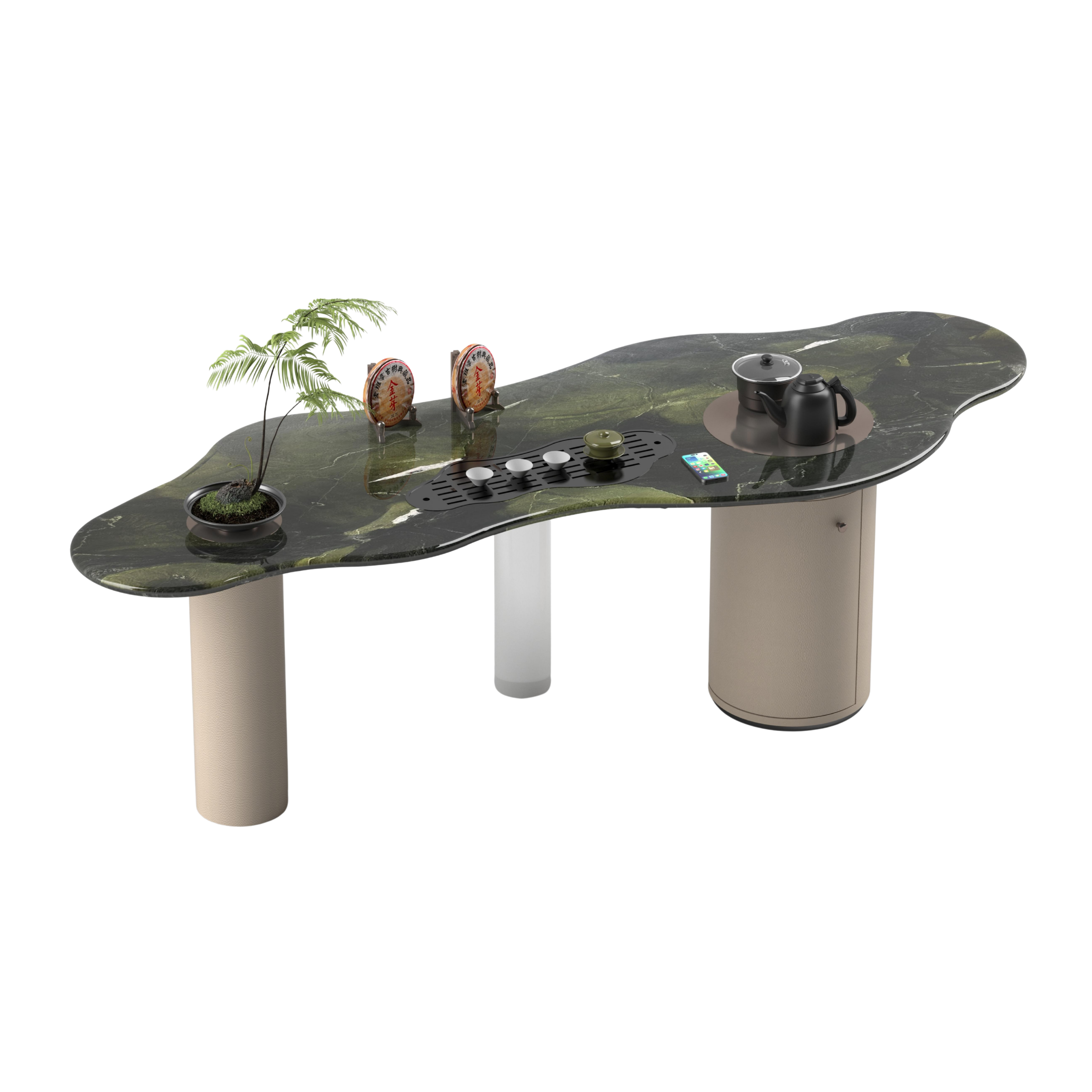 A decorative tabletop with a potted plant, two small wooden framed signs, a black teapot, a small green jar, a row of teacups, a smartphone, and a glass of water, all set on a dark green marble surface with a flowing shape.