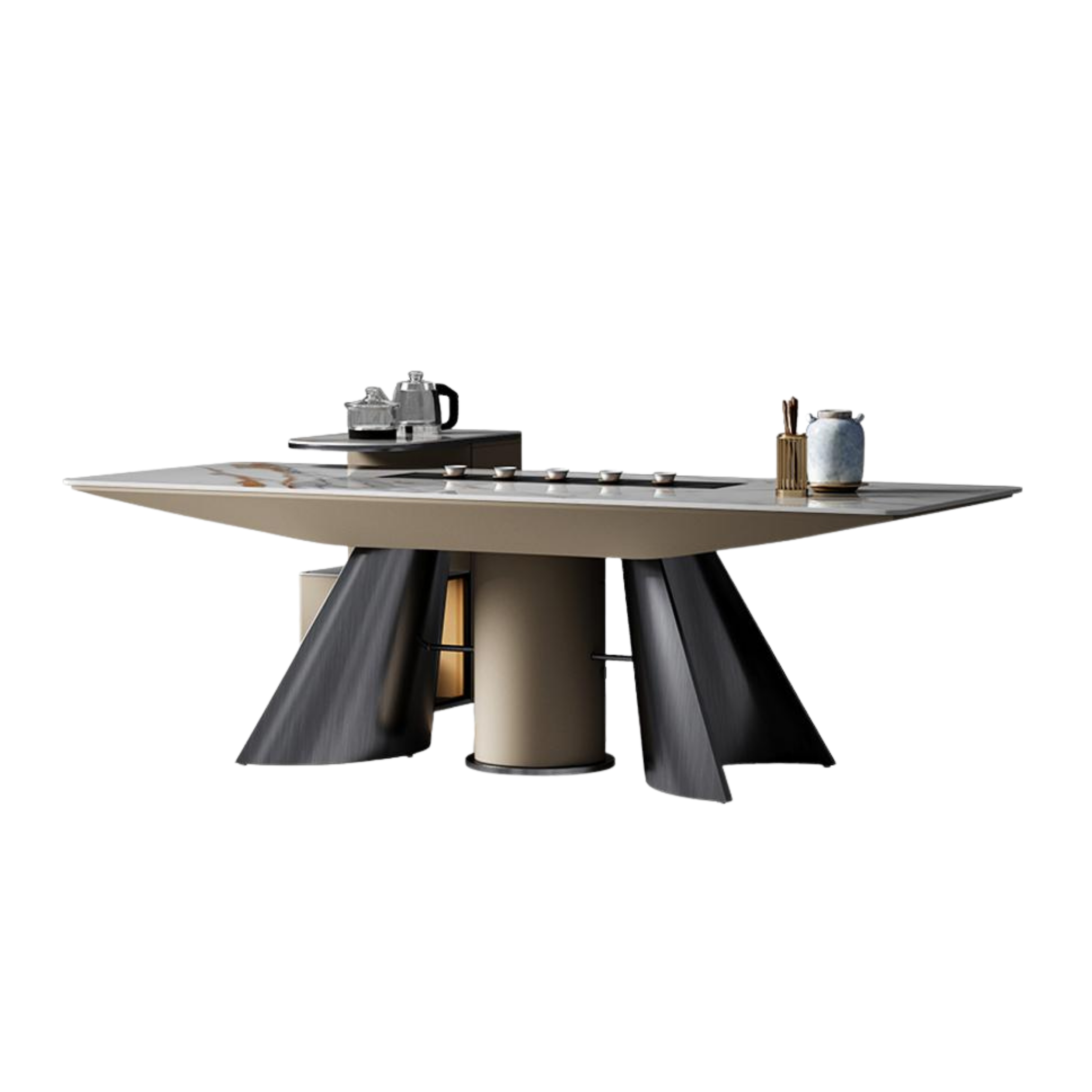 Modern black and white kitchen island with a light-colored countertop, featuring a kettle and a jar with cooking utensils on the counter.