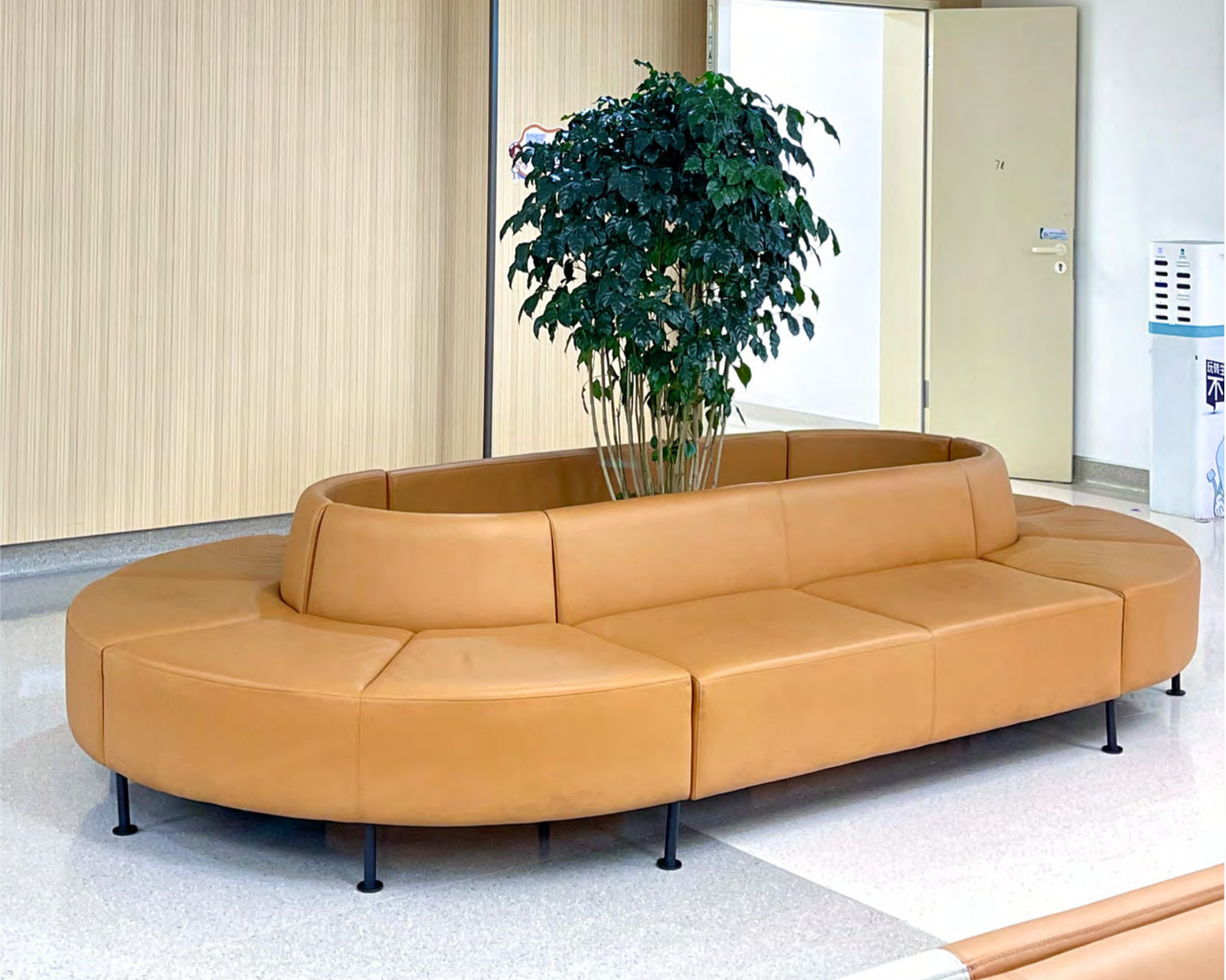 Indoor waiting area with a circular orange leather couch and a large green leafy plant in the center, against a beige wall and a frosted glass door.