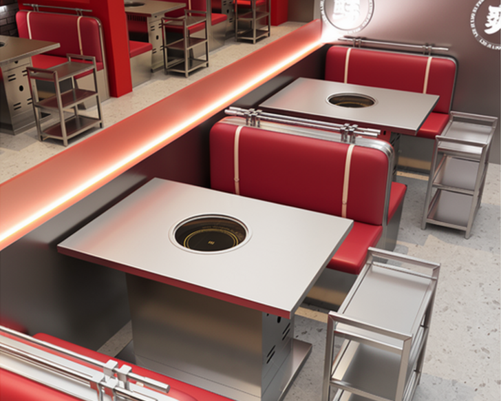 Empty restaurant booth with red seating and tables with built-in burners, metal chairs, and a long illuminated countertop.
