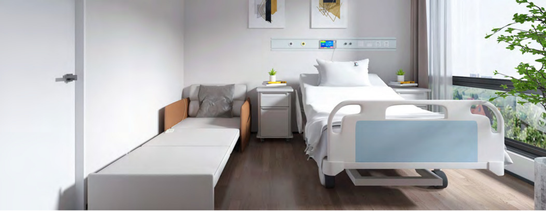 Hospital room with a bed, a side table, and a chair, near large window with greenery outside.