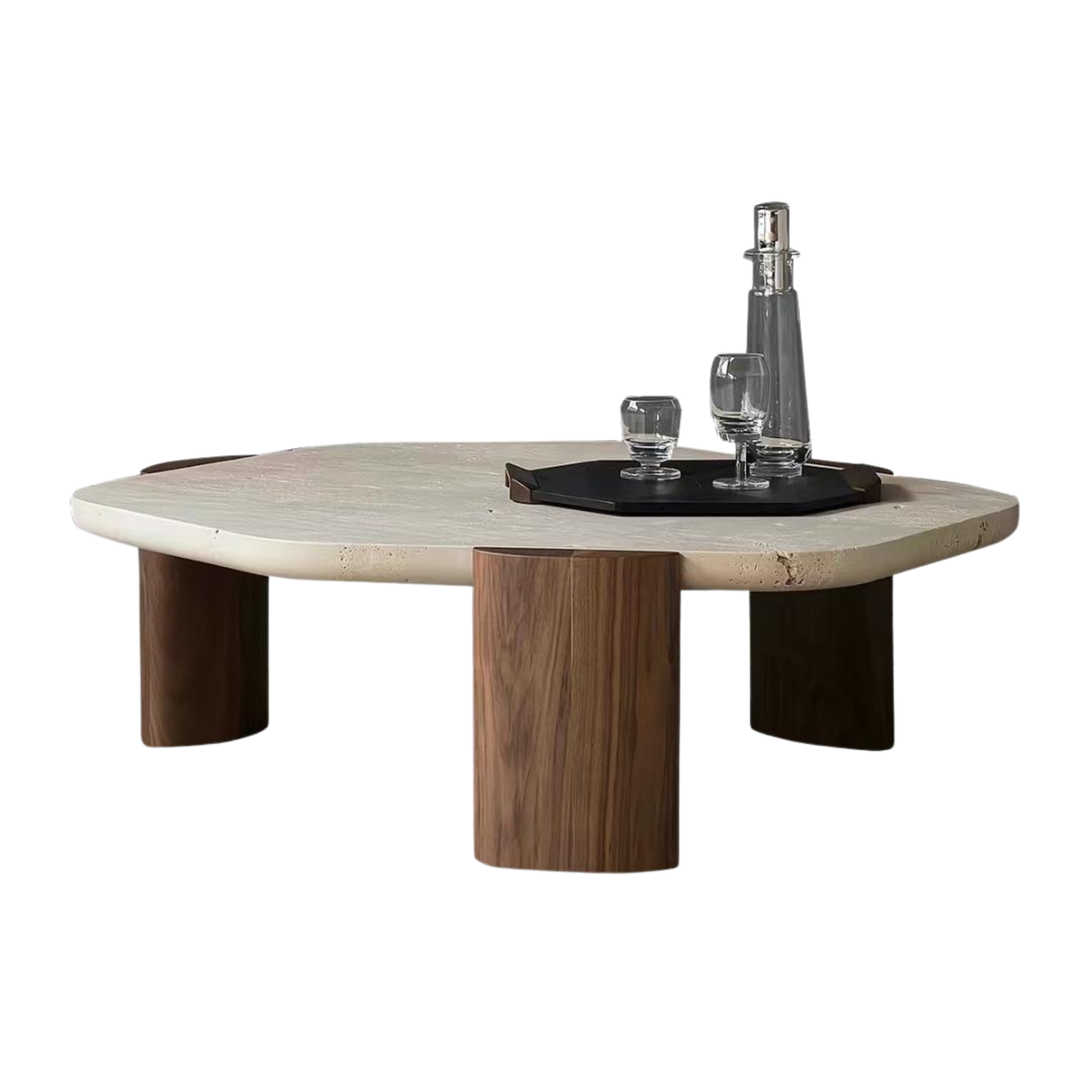 A round wooden table with a white finish and three wooden legs, featuring a black tray with a clear glass water pitcher and two glasses, against a plain white background.