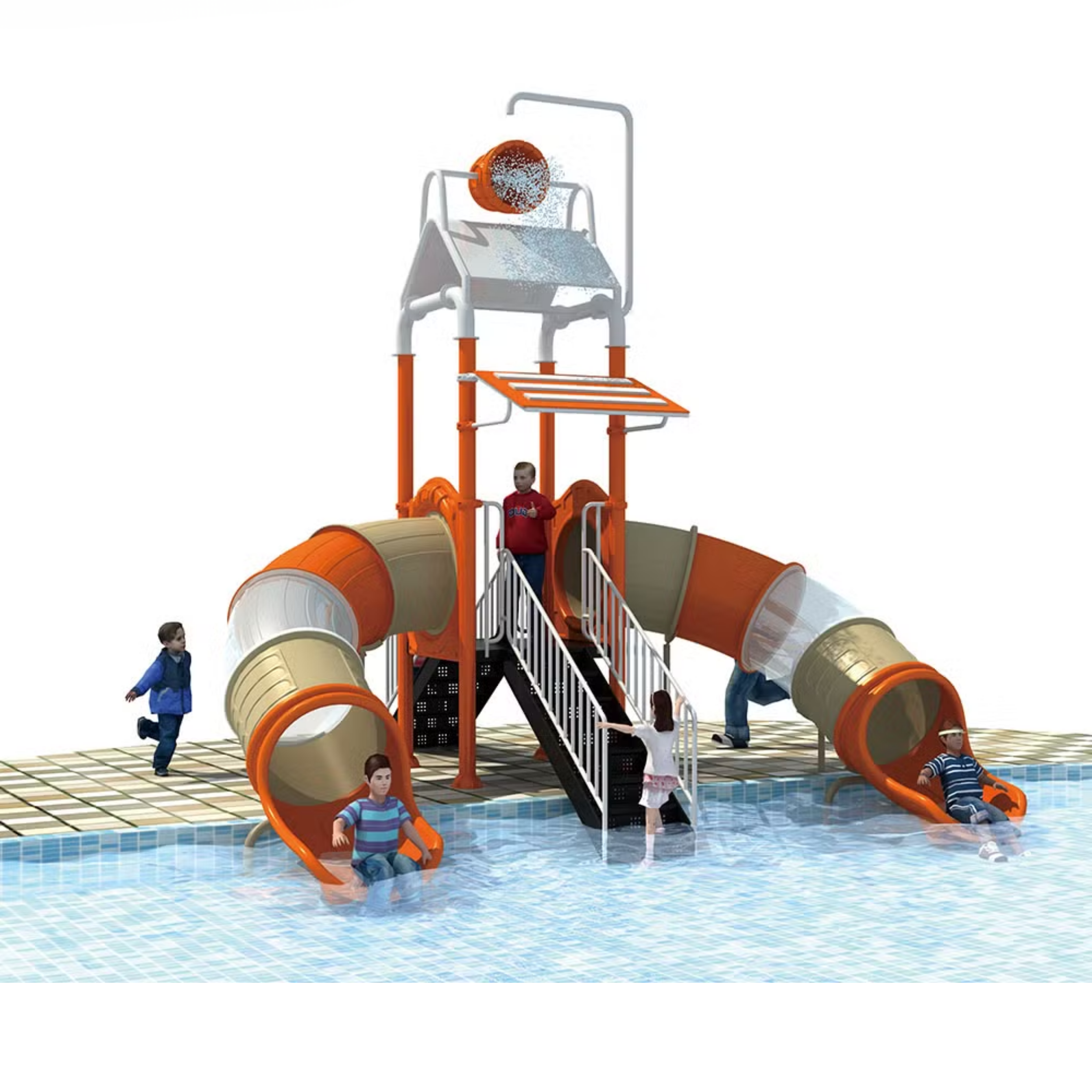 Children playing on a large playground structure near the pool, including slides and tunnels, with a child in a red sweater at the bottom.