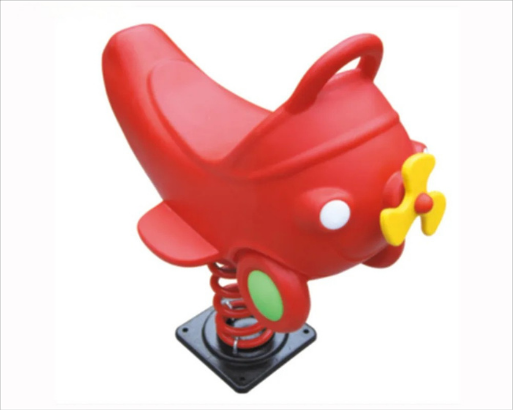 Red airplane-shaped playground rocking ride with yellow propeller and green and white accents.