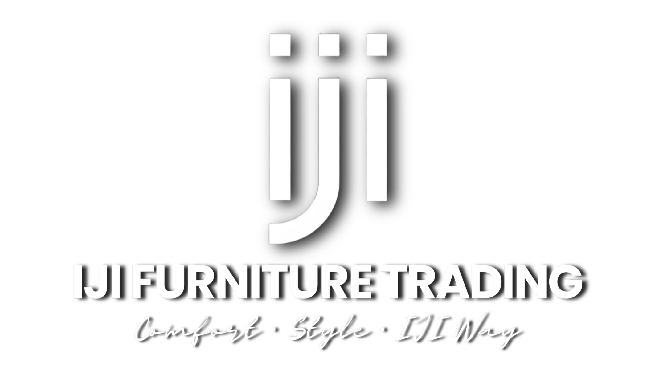 Black background with white logo of a stylized chair and the words 'J J FURNITURE TRADING' in bold, with the tagline 'Comfort · Style · LJ Way' below.