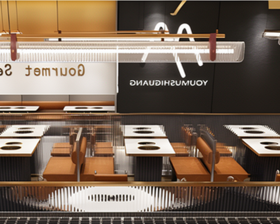 View of a modern restaurant dining area with tables, chairs, and a wall with signage reading 'Yoursmushing' in reverse.