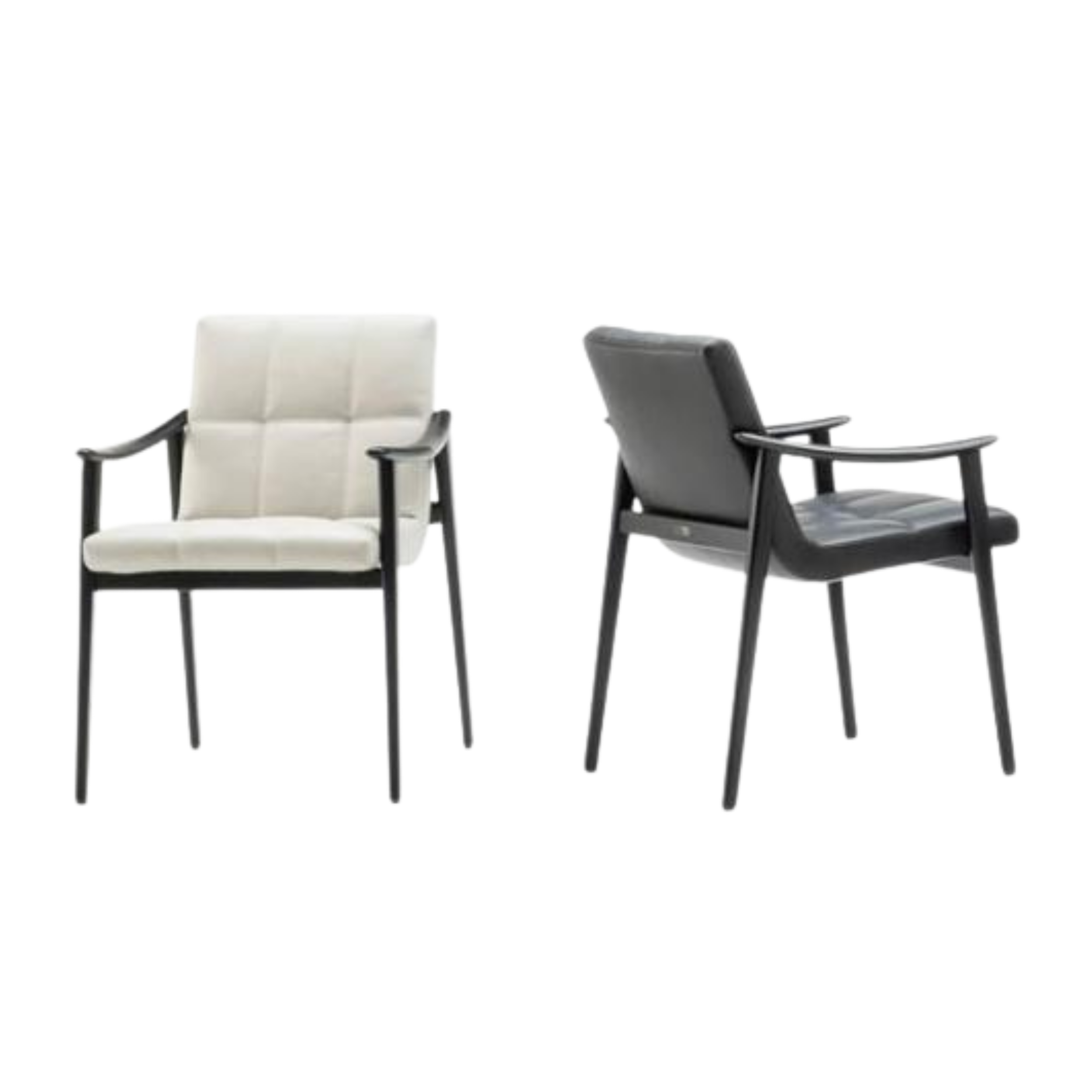 Two office chairs, one white and one black, facing forward against a white background.