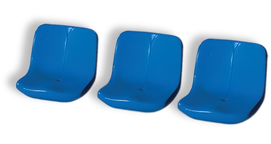 Three blue plastic stadium seats against a black background.