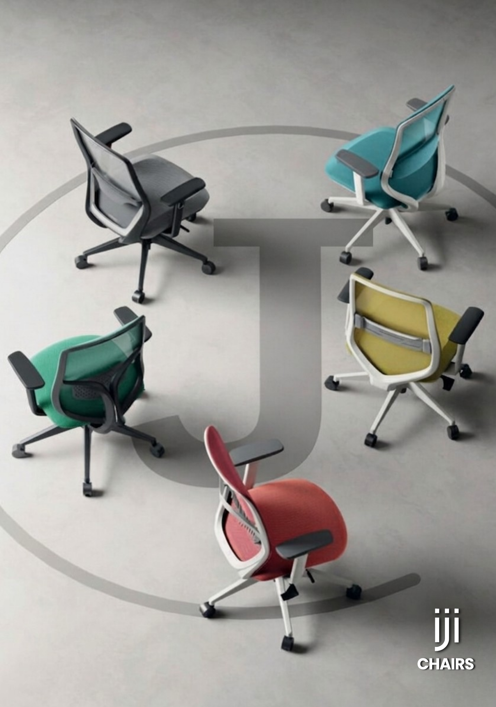 Six colorful office chairs arranged around a circular pattern on the floor.
