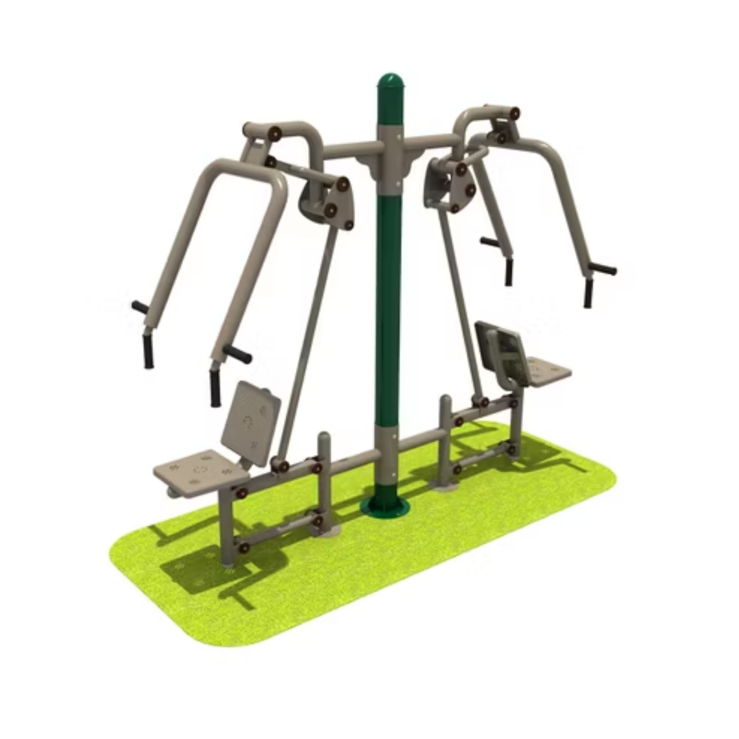 Outdoor exercise equipment on green rubberized surface.