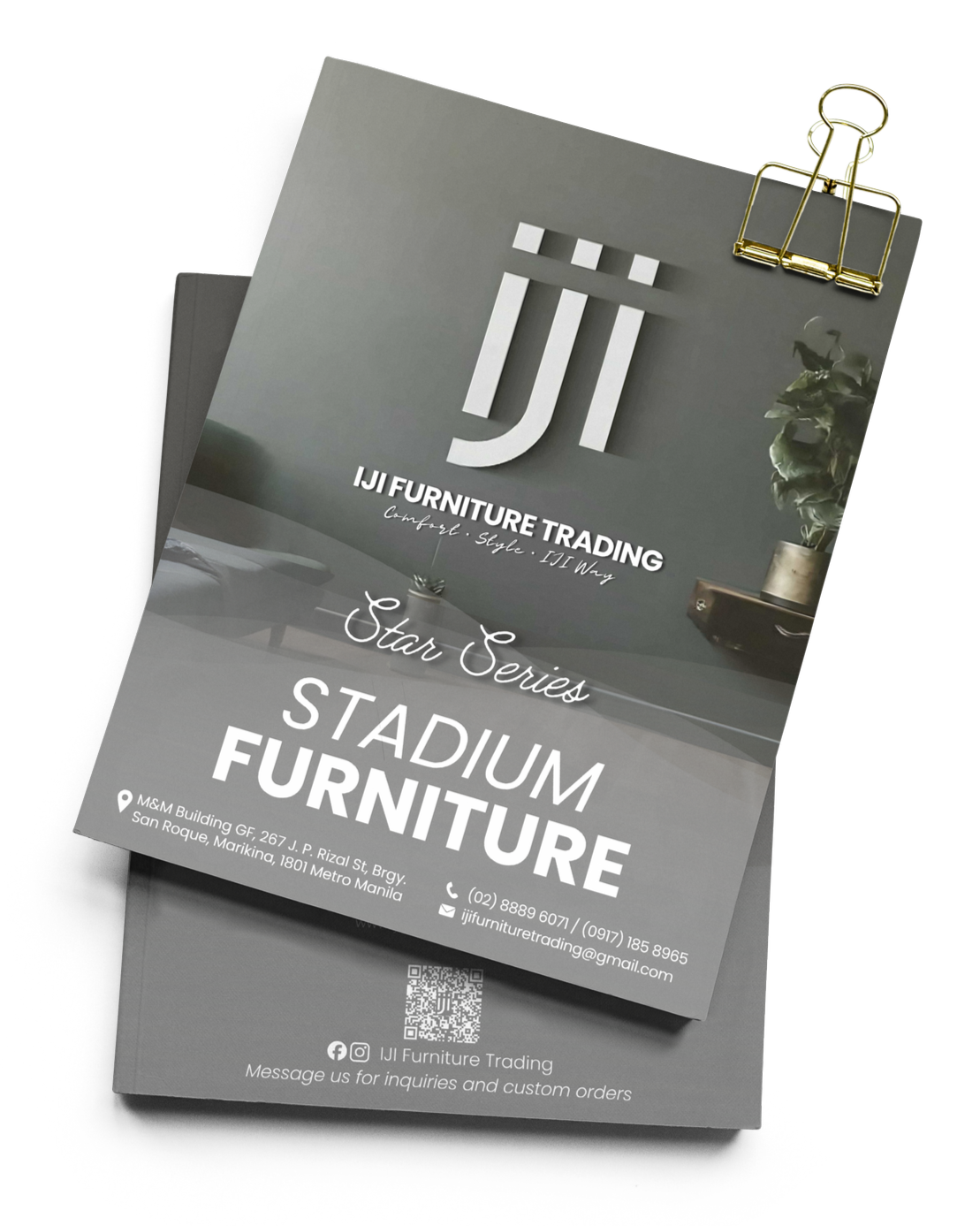 Flyer for IJi Furniture Trading featuring the Star Series Stadium Furniture with contact details, location, and social media icons.