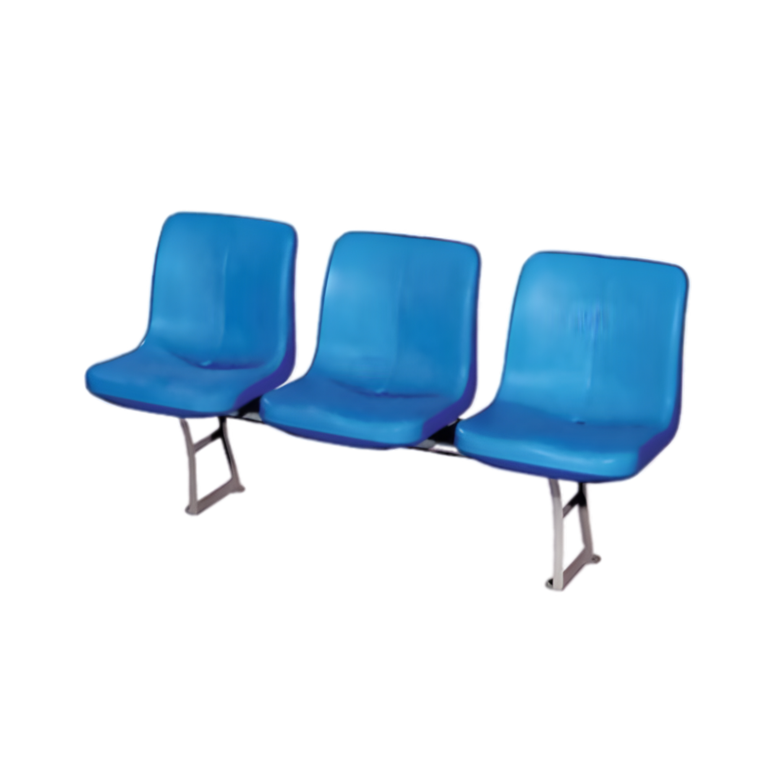 Four blue chairs arranged in a row, set against a plain background.