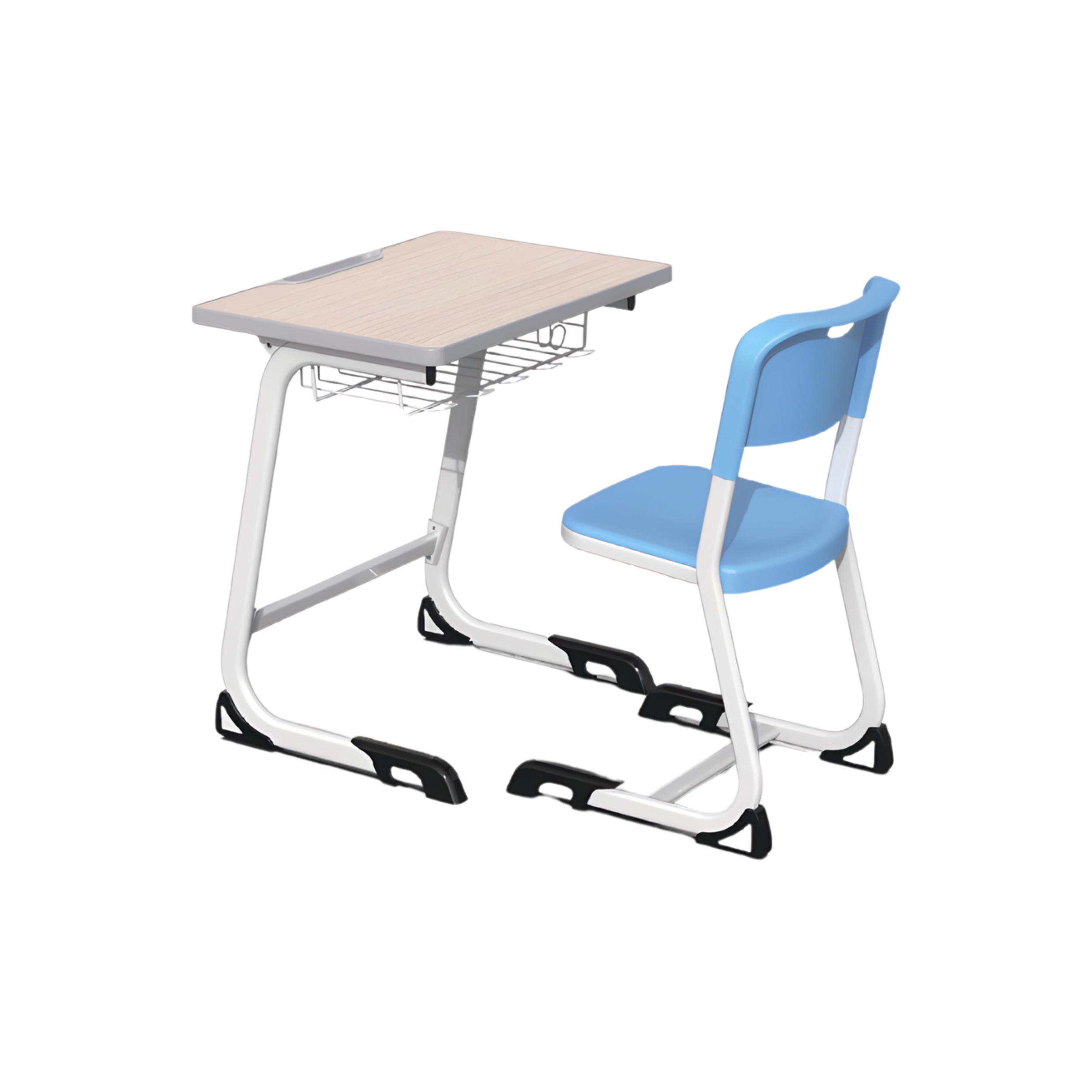 A blue chair placed beside a light wood-colored high chair with a metal frame.