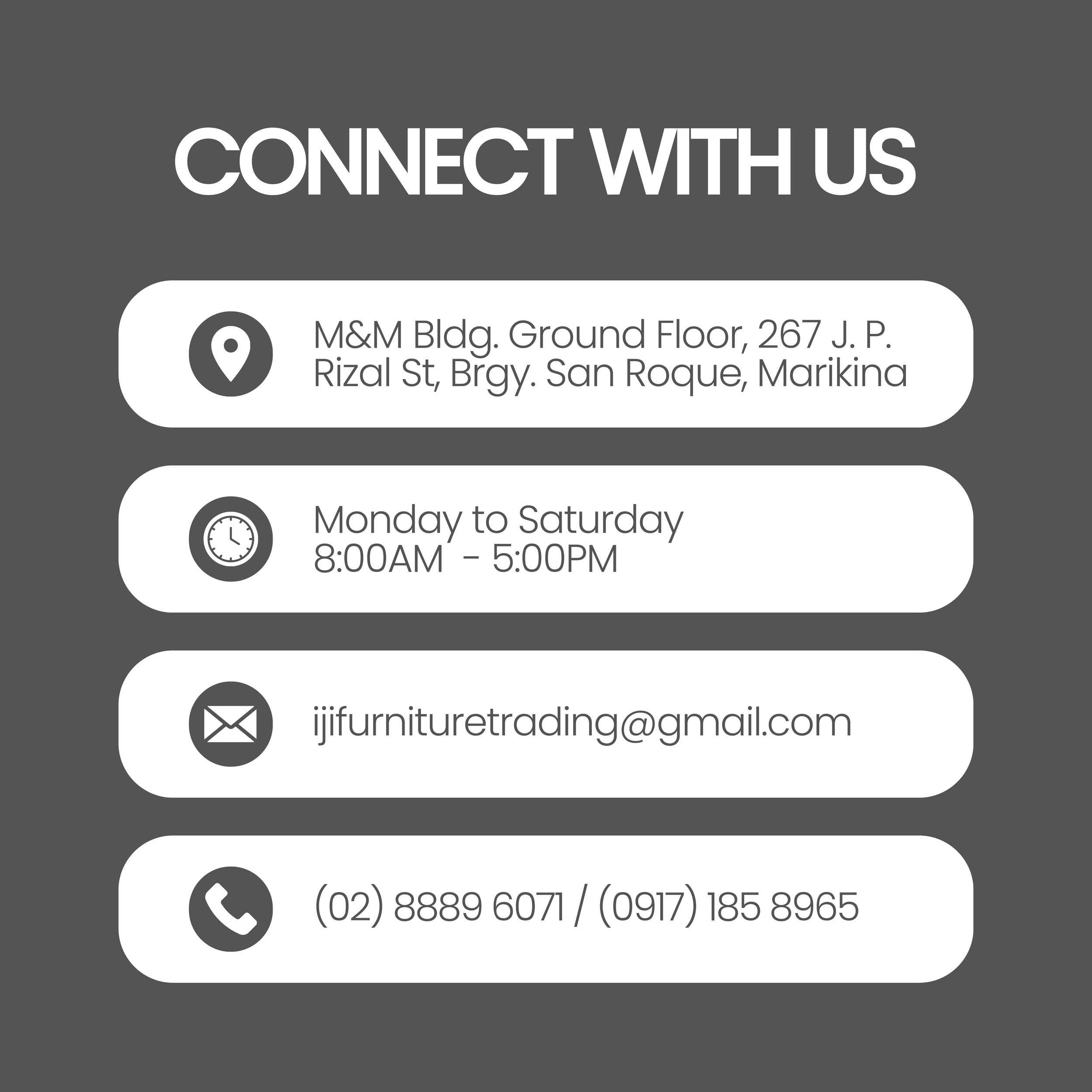 A series of contact information cards on a gray background includes a location icon with the address, a clock icon with the hours, an envelope icon with an email address, and a phone icon with two phone numbers.