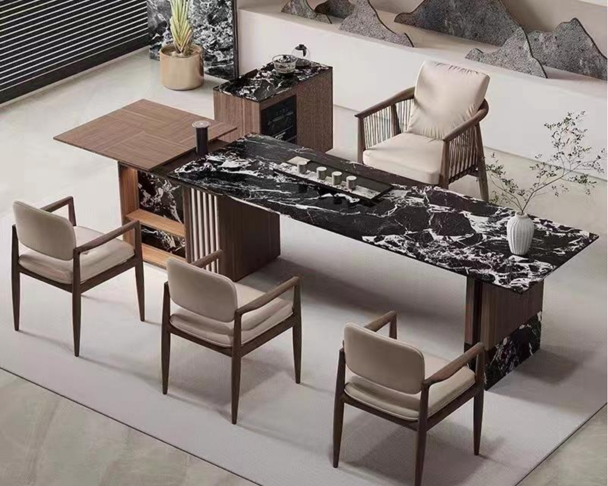 Modern dining area with a black marble table, beige cushioned chairs, and decorative wall art.