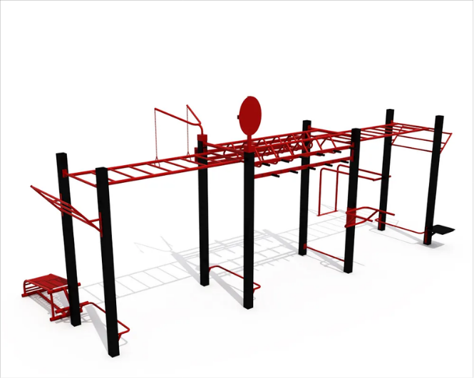 Red and black outdoor fitness equipment with platforms, ladders, and bars on a white background.