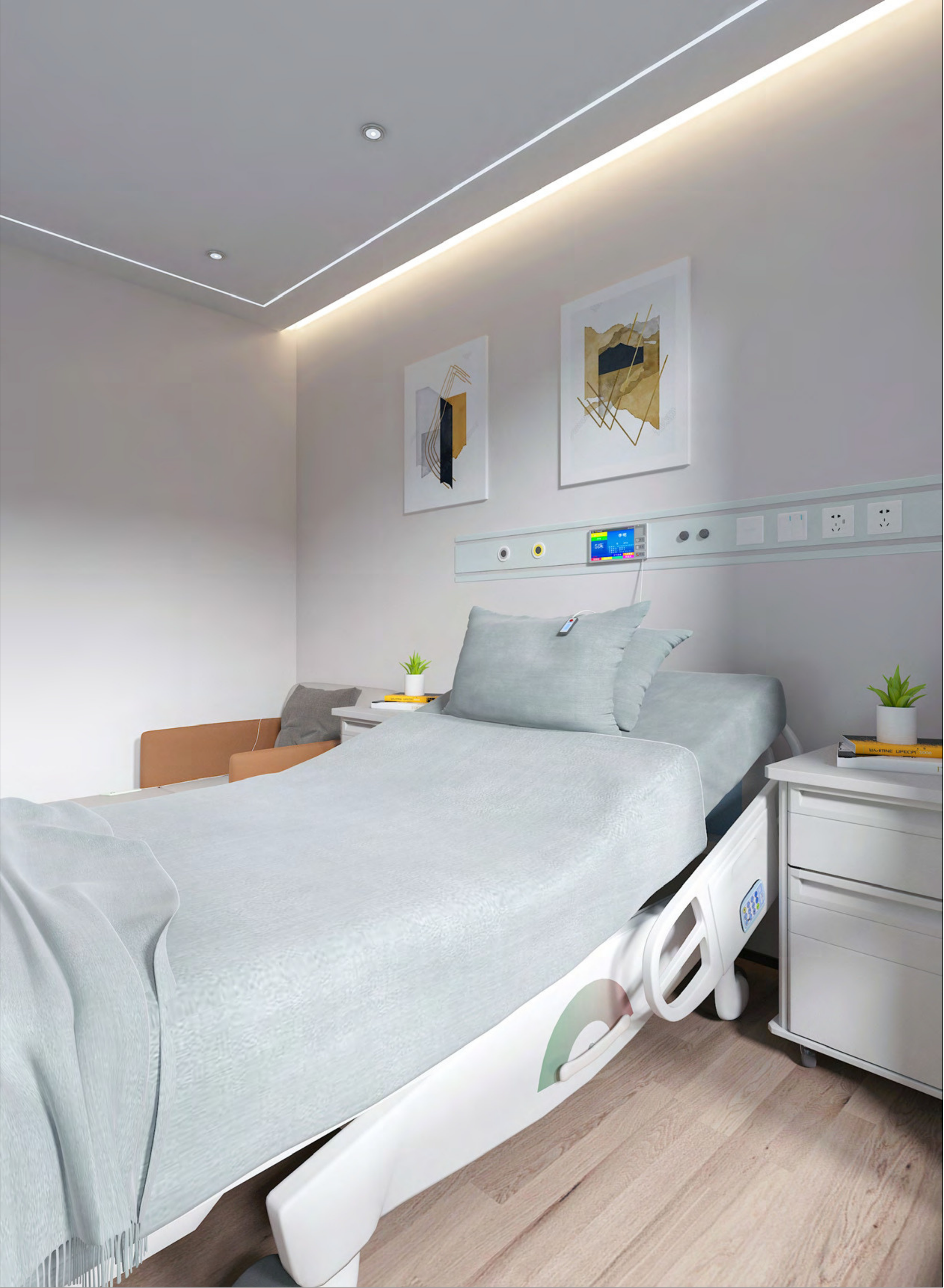 Hospital bed in a patient room with medical equipment attached to the wall, artwork above the bed, and bedside tables with plants.