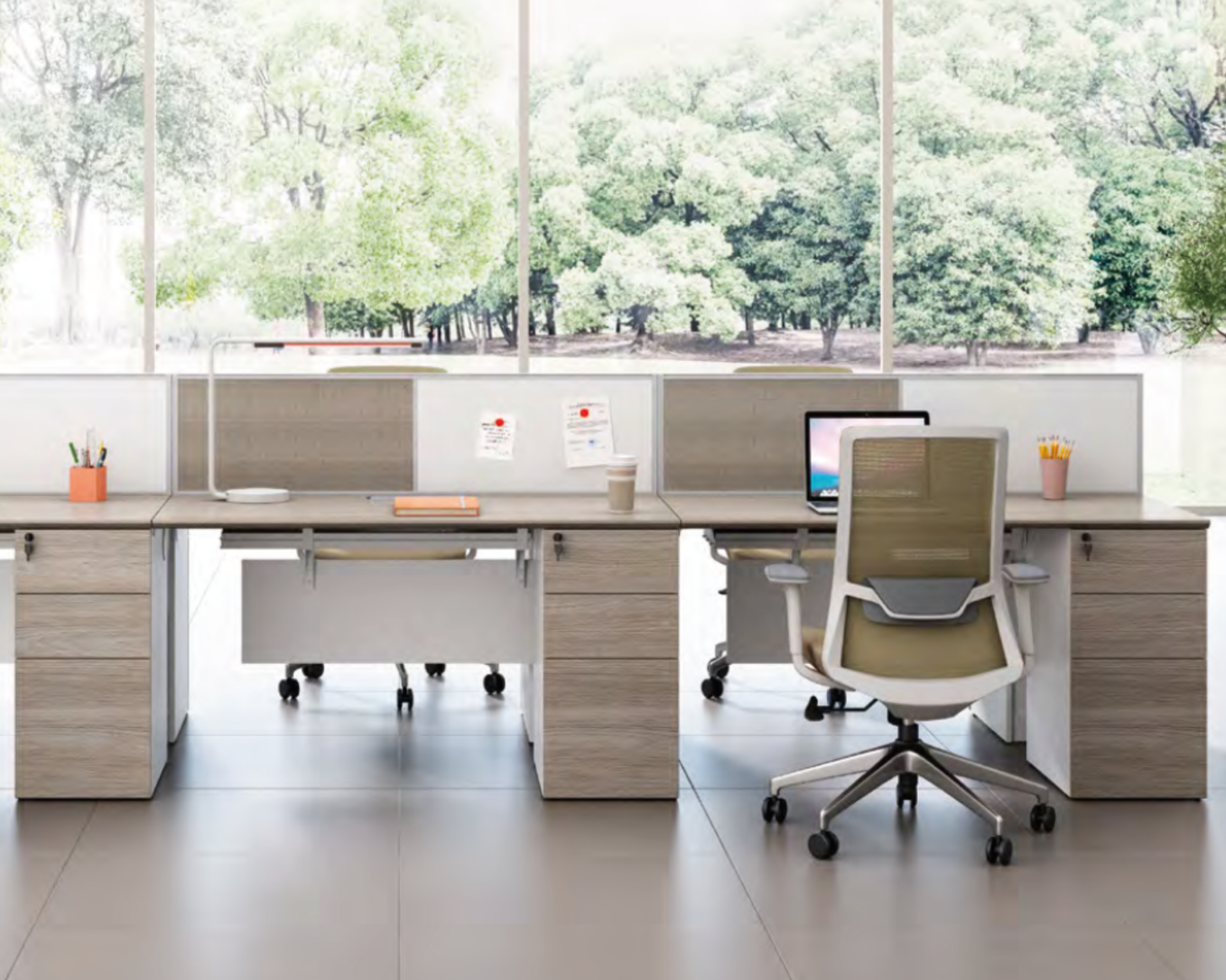 Empty office workspace with two desks, chairs, and a large window showing trees outside.