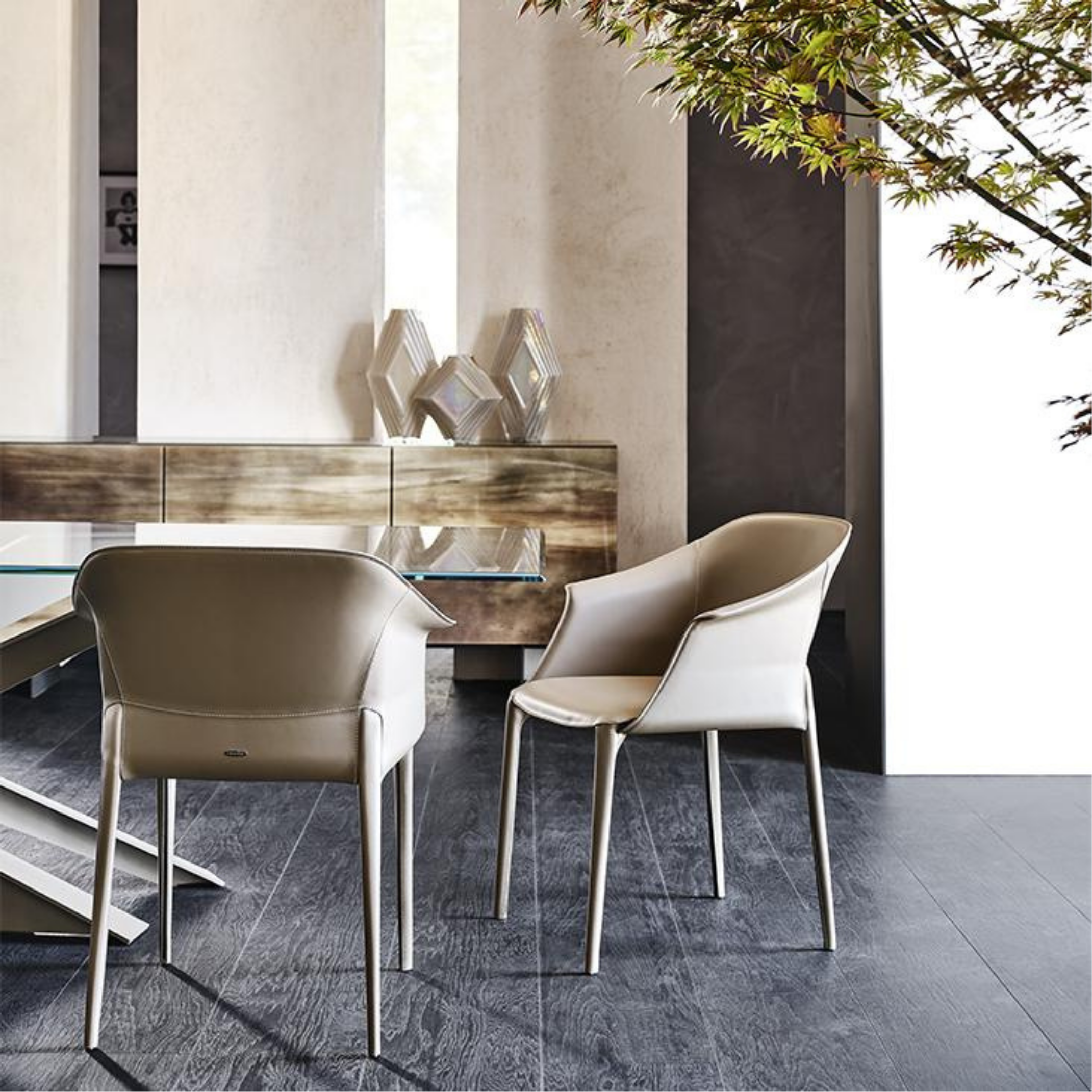 Modern interior with white chairs and a dark textured floor, a wooden table, and a green plant in the background.