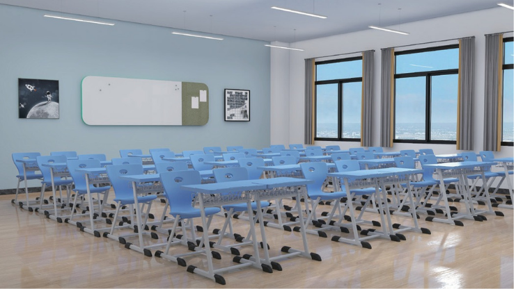 Empty classroom with blue desks and chairs, large windows with a city view, and whiteboard on the wall.