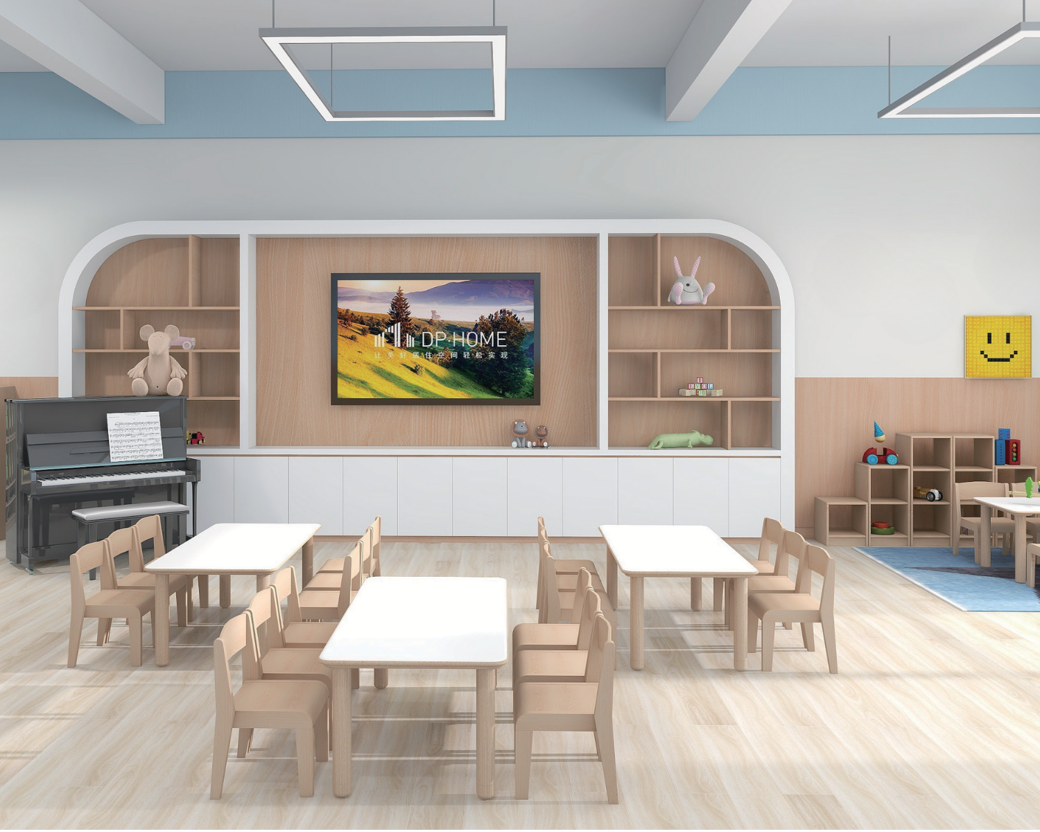 Children's classroom with small tables and chairs, a TV mounted on the wall, and shelves with toys and decor