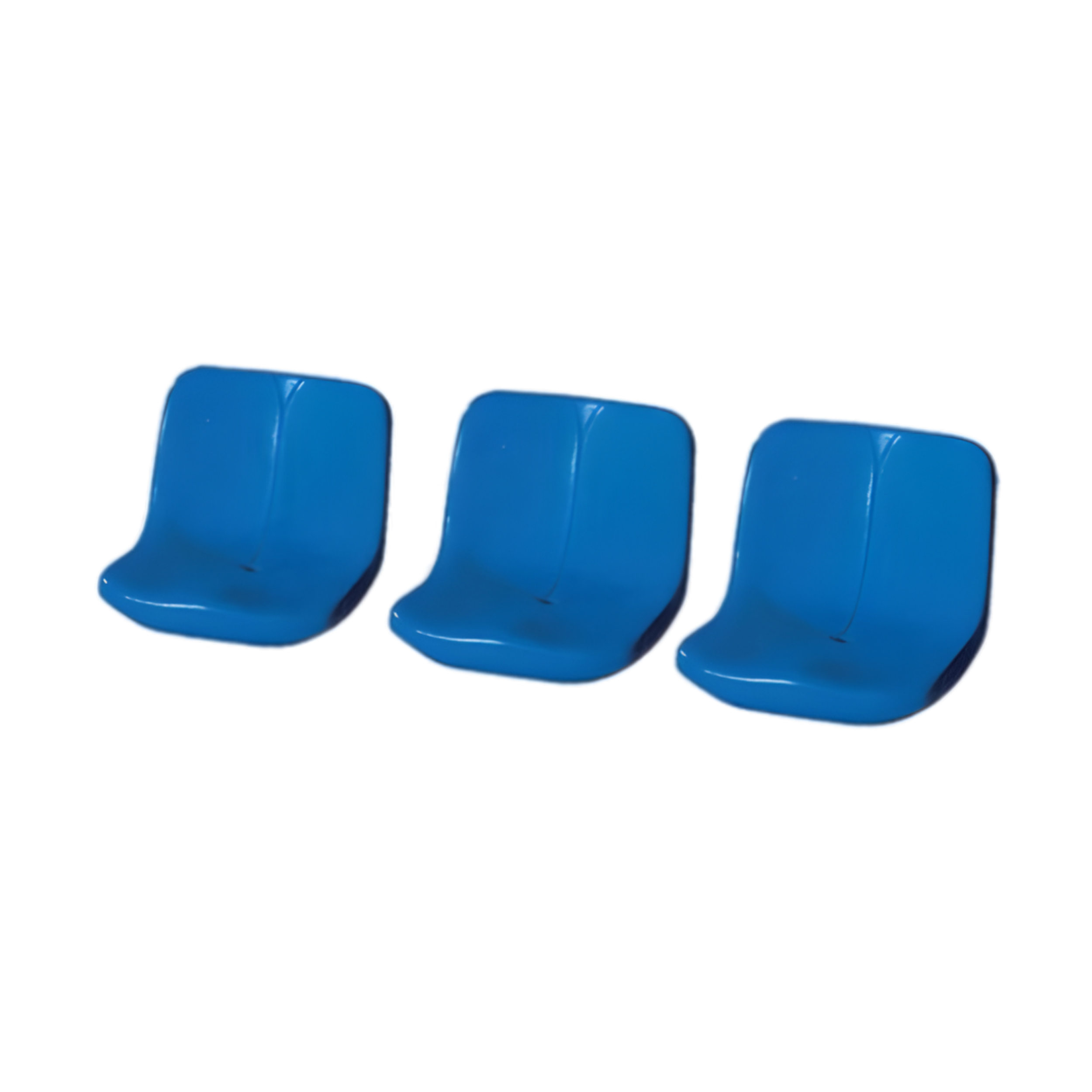 Multiple blue plastic chairs arranged in a row against a plain white background.